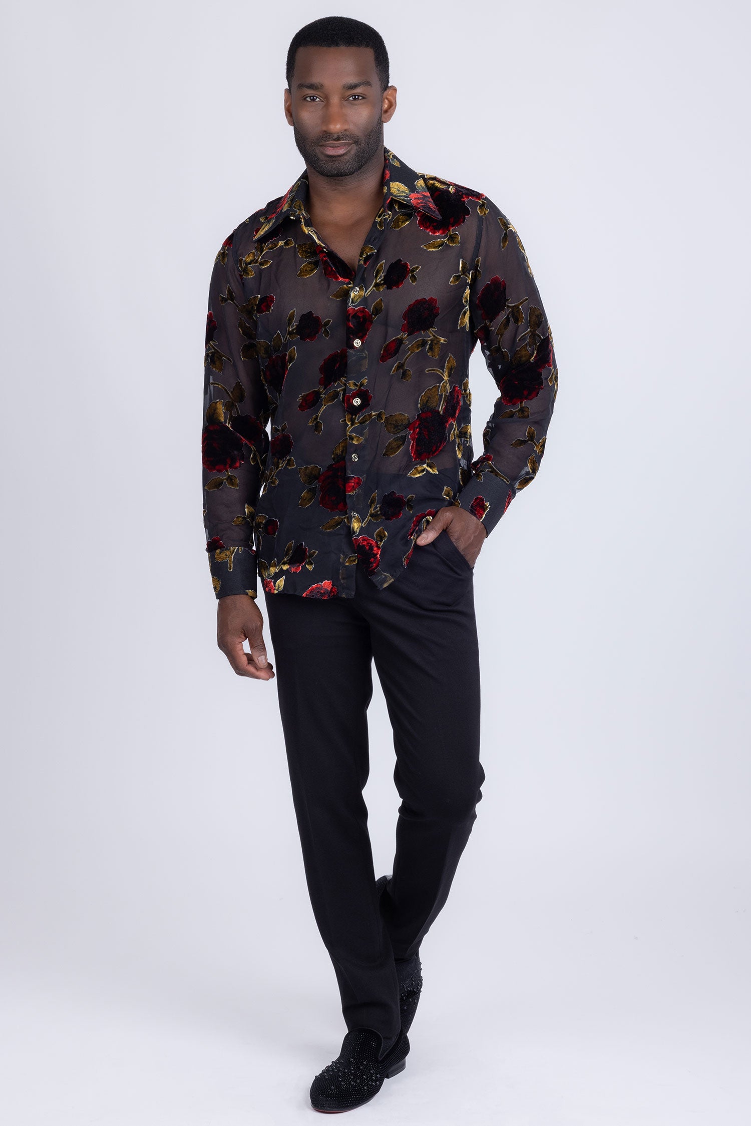Barabas Men's See Through Floral Pattern Long Sleeve Shirts 5B16 Black