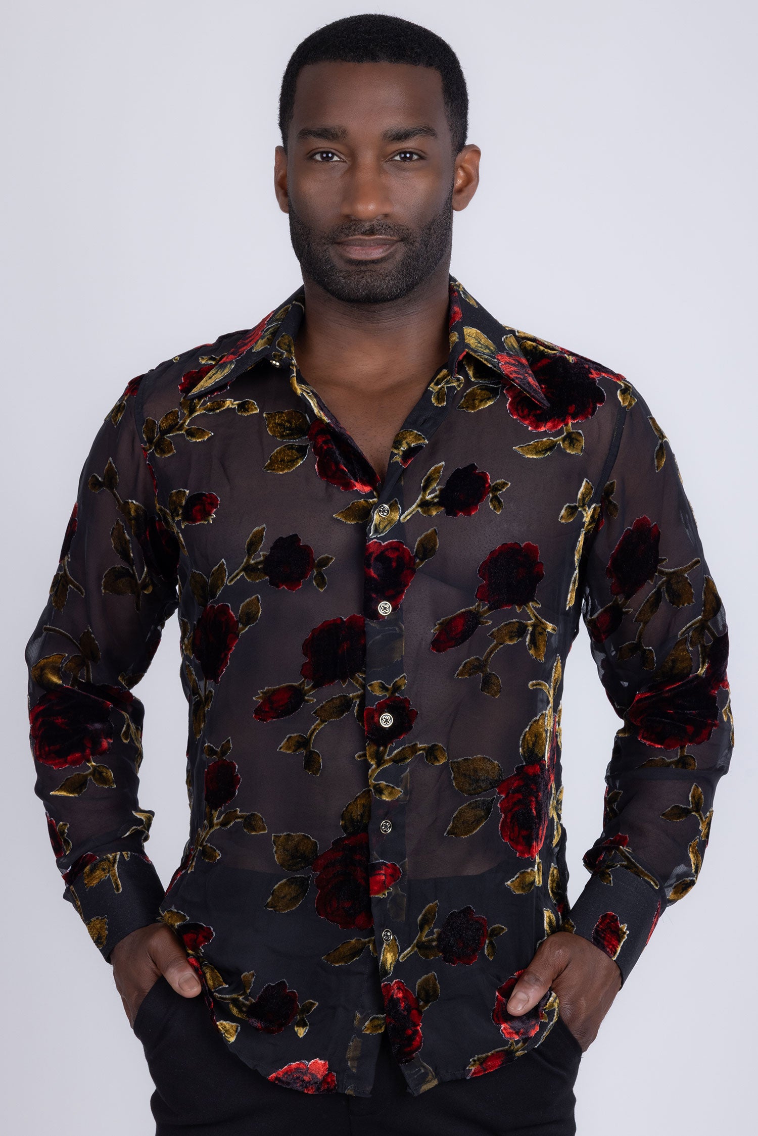 Barabas Men's See Through Floral Pattern Long Sleeve Shirts 5B16 Black