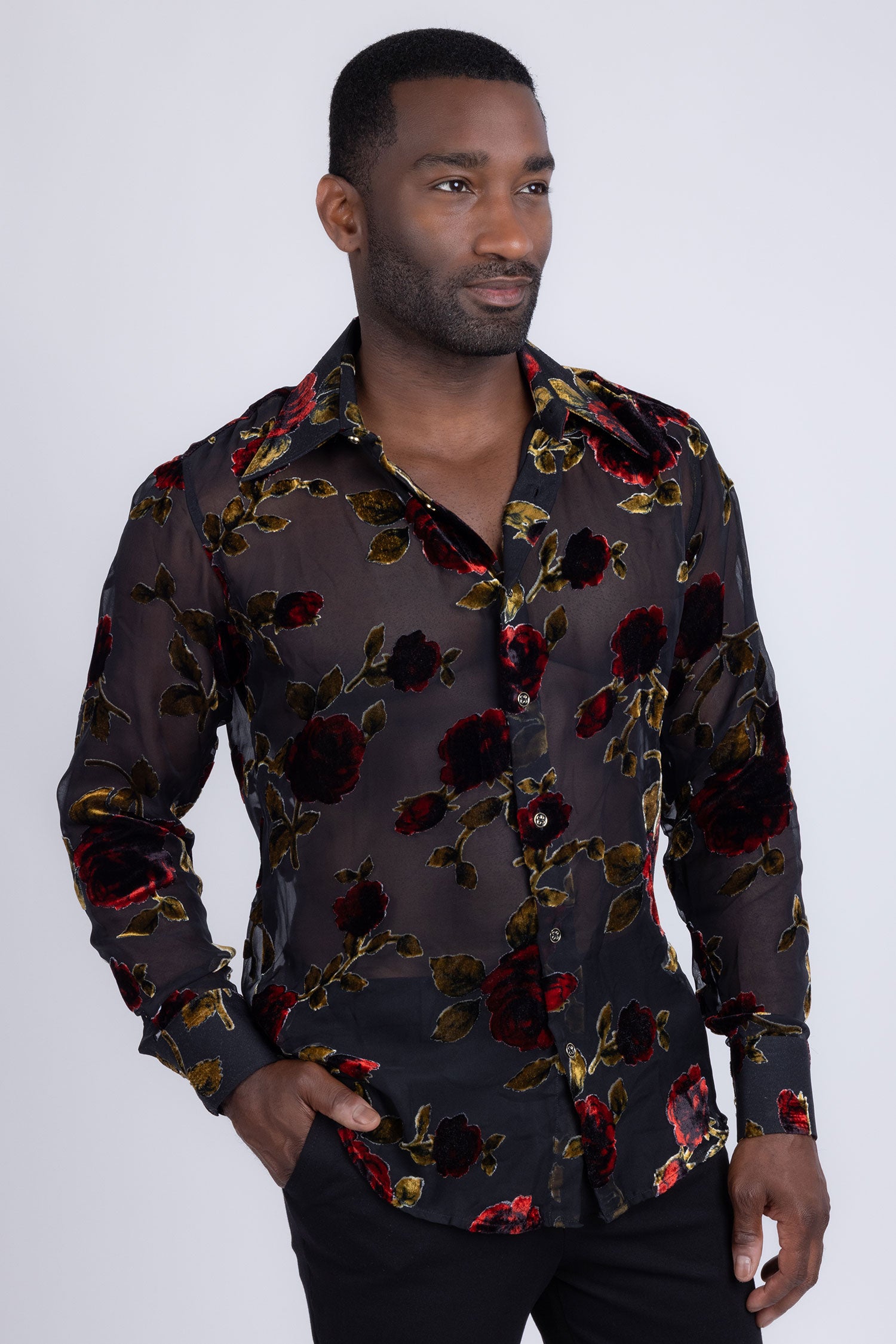 Barabas Men's See Through Floral Pattern Long Sleeve Shirts 5B16 Black