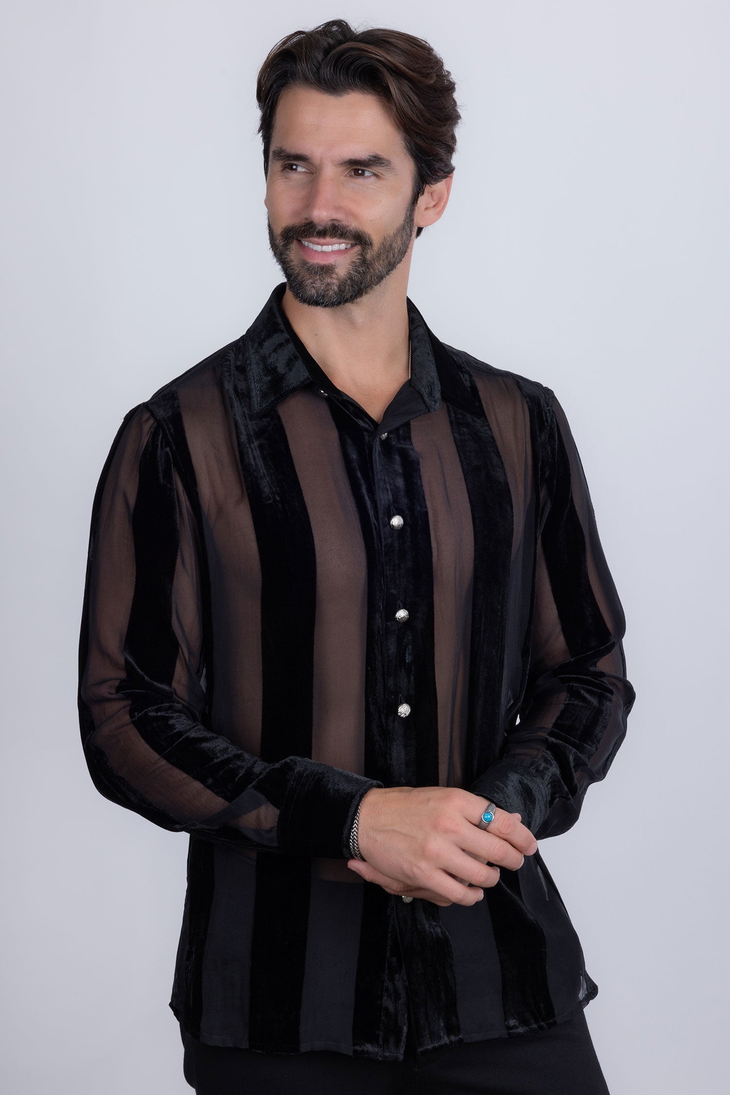 Barabas Men's See Through Velvet Long Sleeve Shirts 5B19 Black