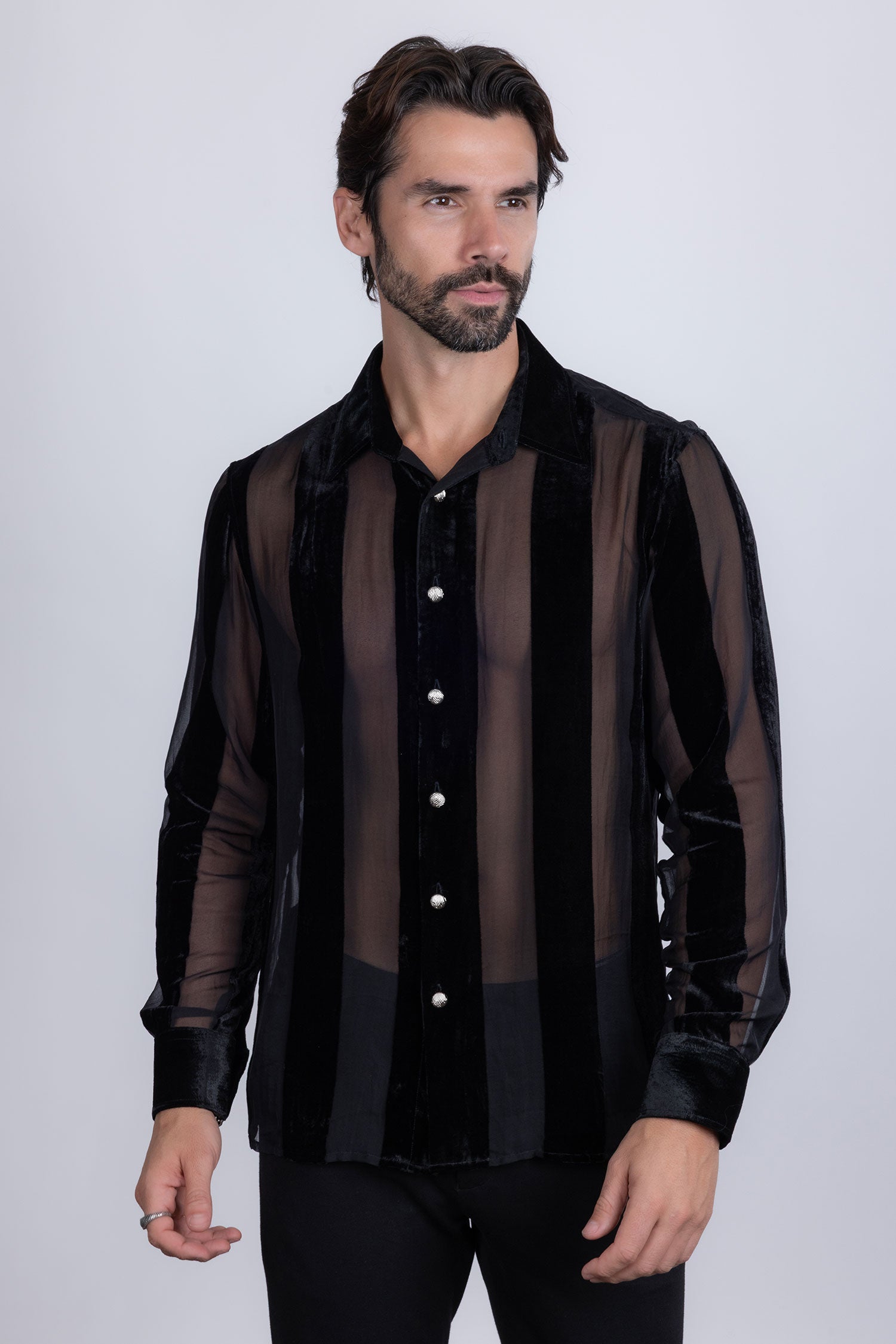 Barabas Men's See Through Velvet Long Sleeve Shirts 5B19 Black