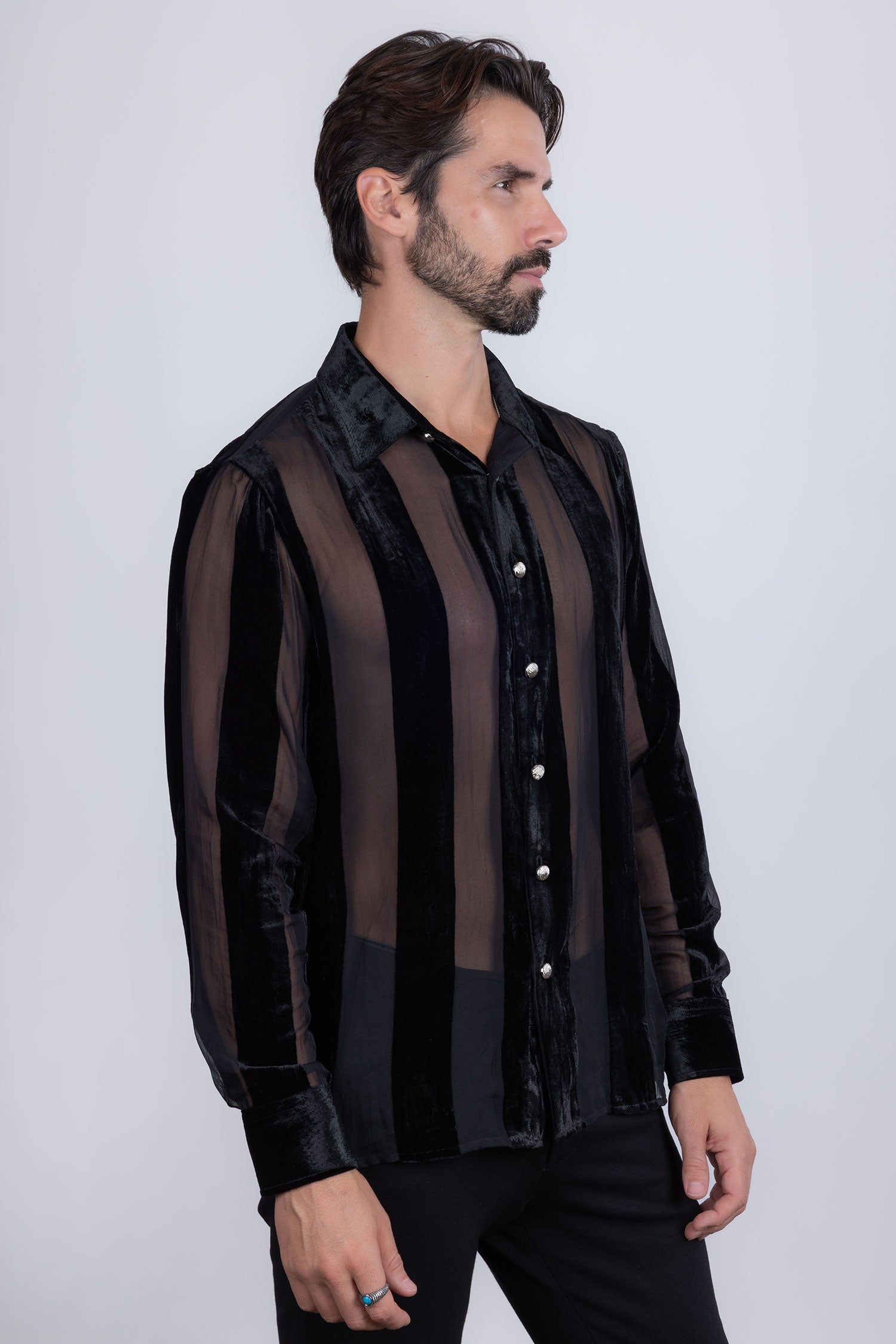 Barabas Men's See Through Velvet Long Sleeve Shirts 5B19 Black