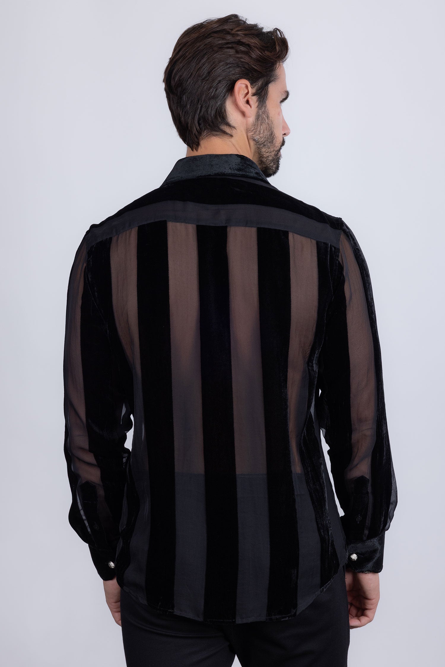 Barabas Men's See Through Velvet Long Sleeve Shirts 5B19 Black