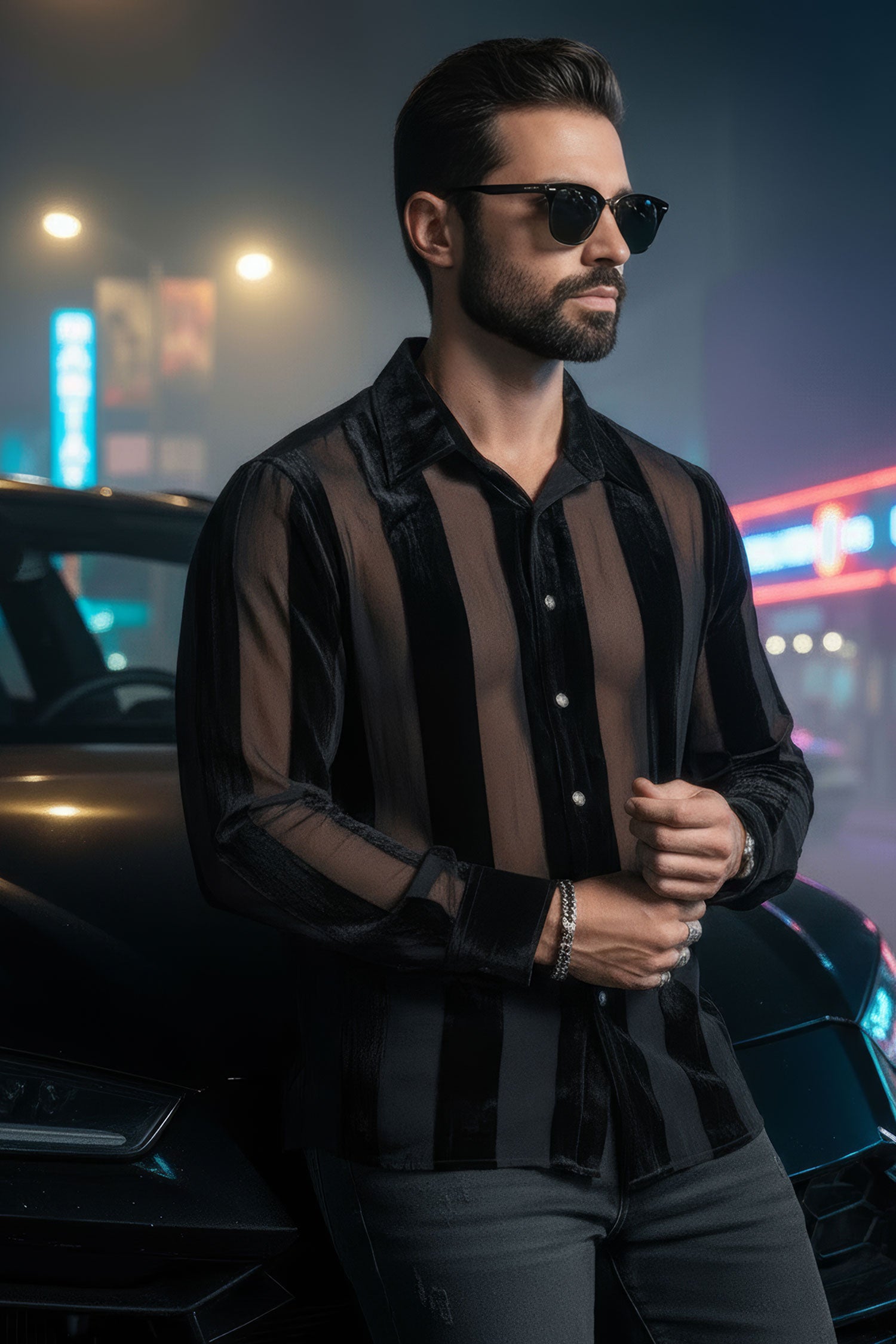 Barabas Men's See Through Velvet Long Sleeve Shirts 5B19 Black