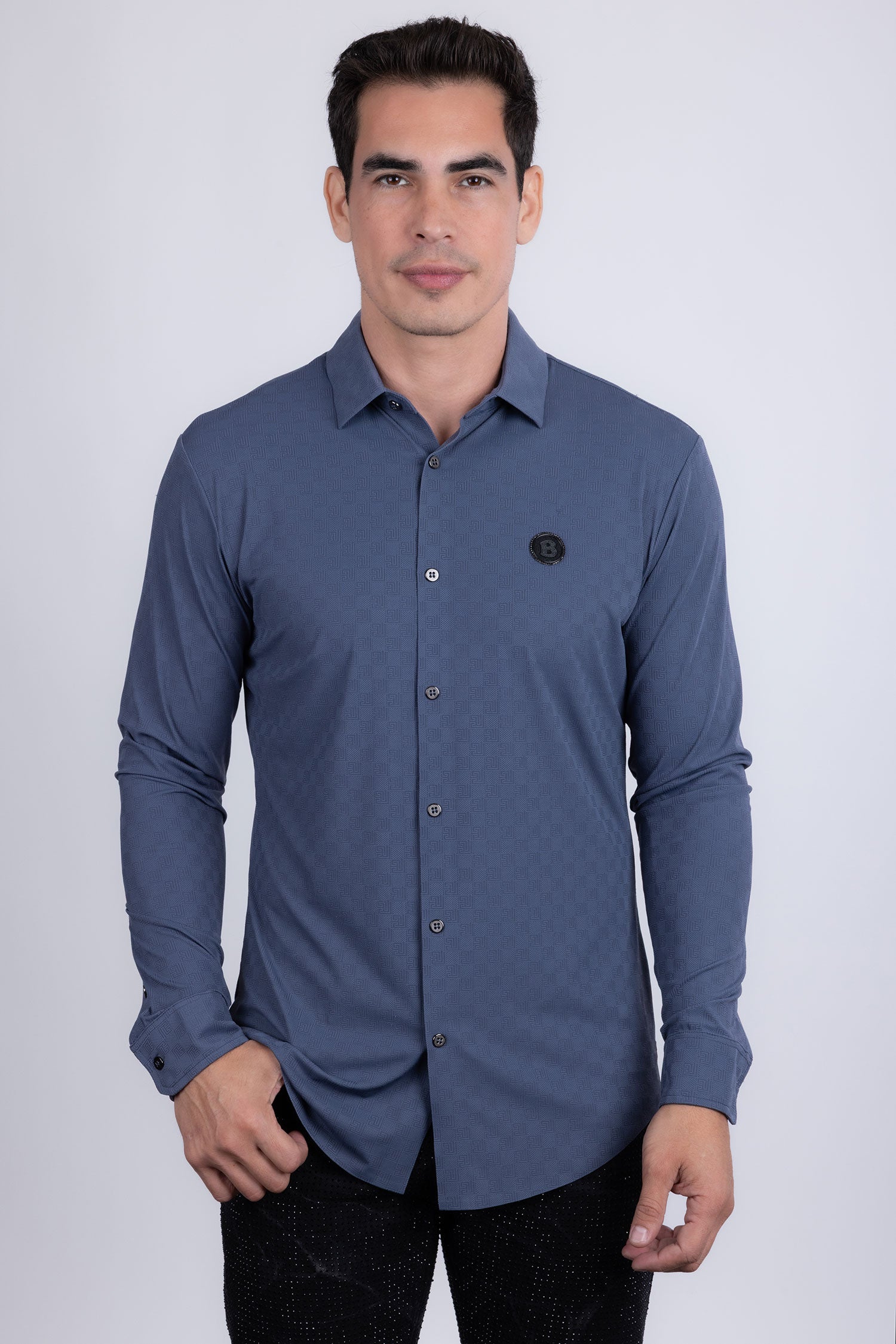 Barabas Men's Patterned Stretch Button Down Long Sleeve Shirts 5B21 Navy