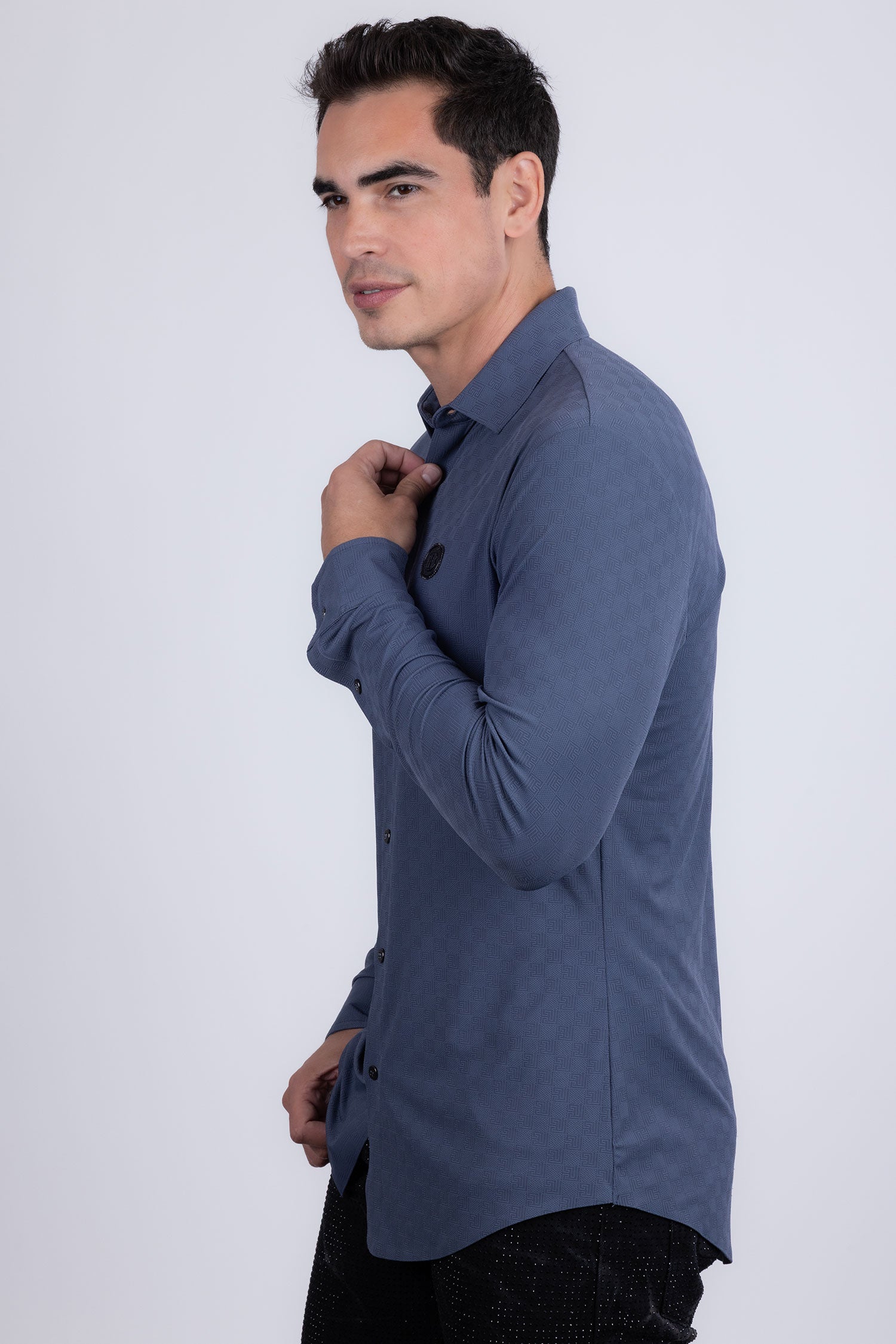 Barabas Men's Patterned Stretch Button Down Long Sleeve Shirts 5B21 Navy