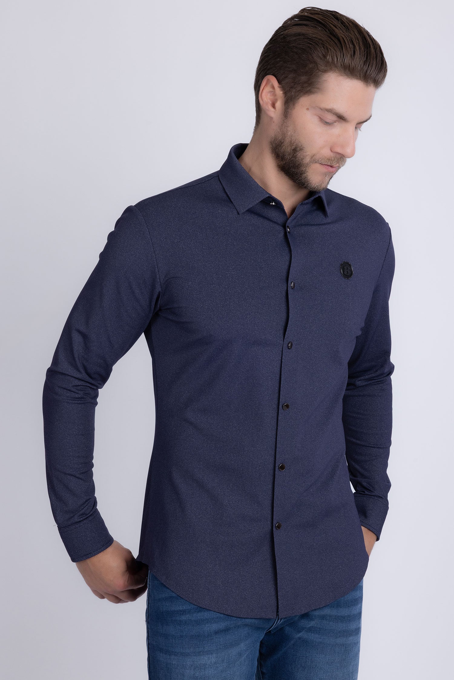 Barabas Men's Textured Stretch Button Down Long Sleeve Shirts 5B22 Navy