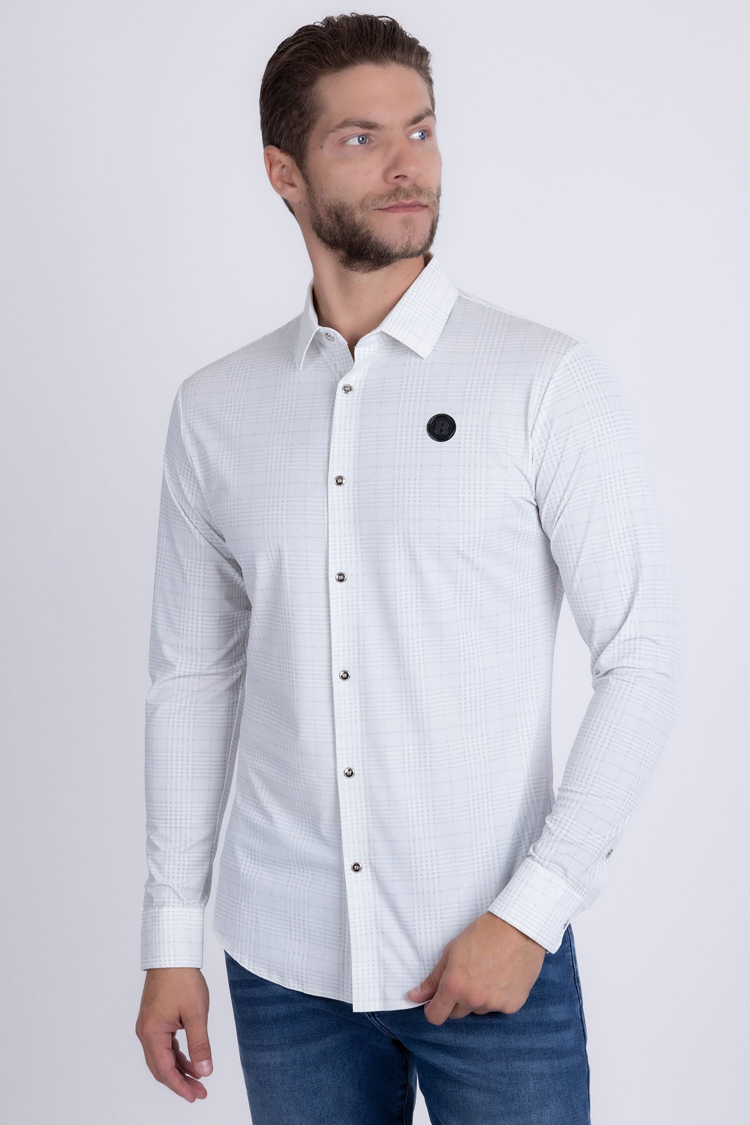 Barabas Men's Patterned Plaid Stretch Long Sleeve Shirts 5B23 White