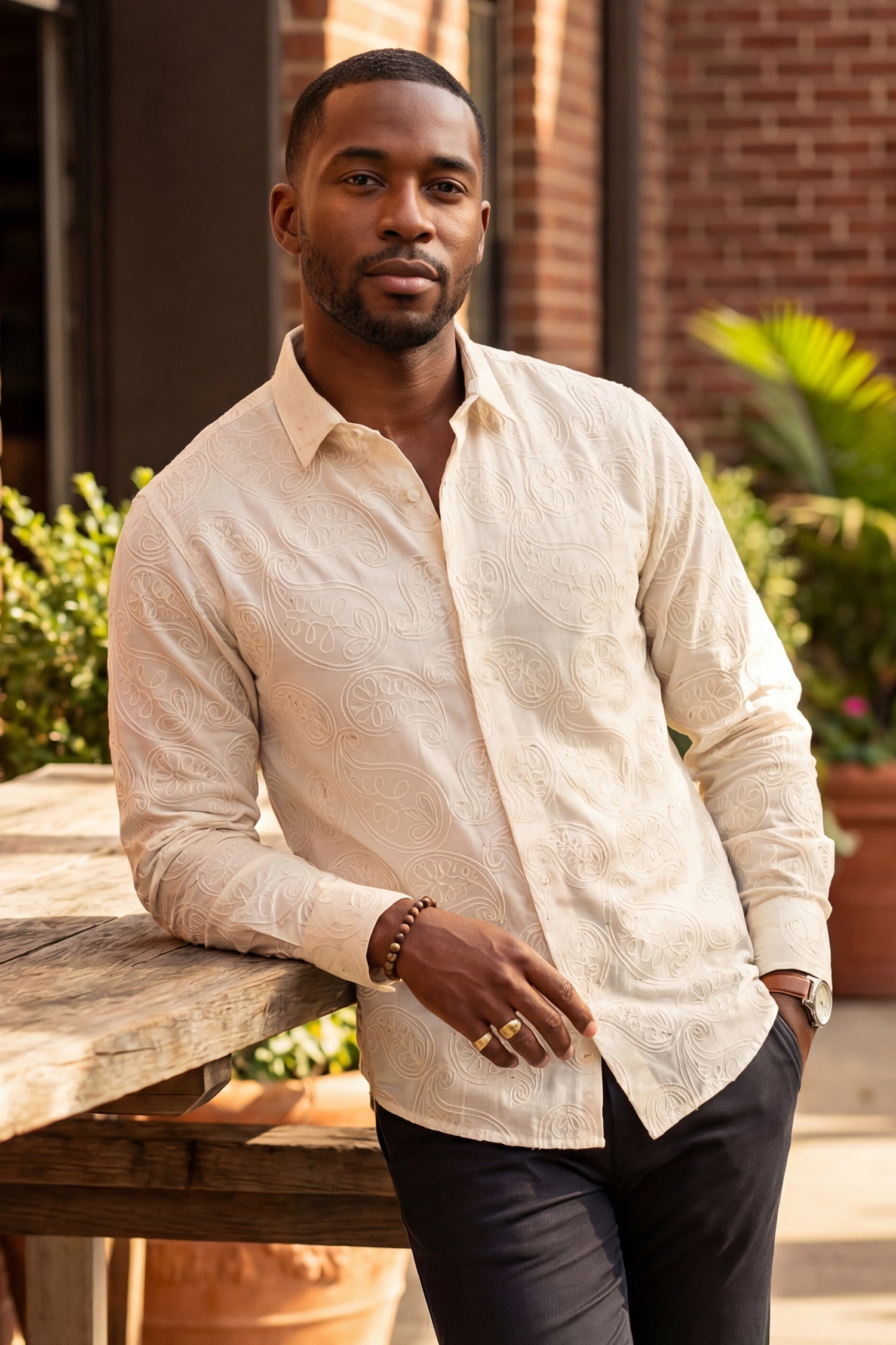 Barabas Men's Embroidered Sequins Collar Long Sleeve Shirts 5B41 White