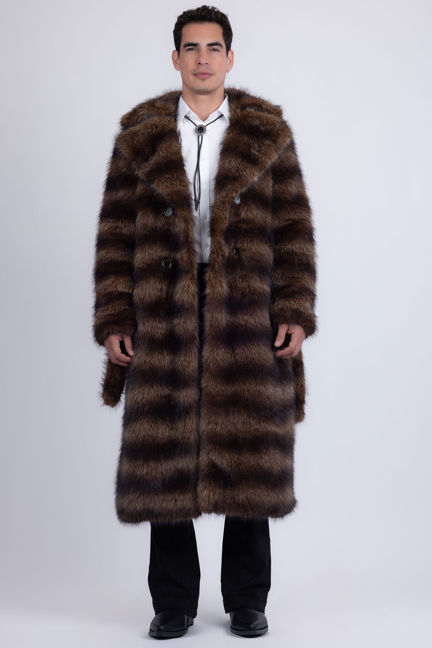 Barabas Men's Soft Fur Notch Lapel Long Coat 5BHL01 Brown