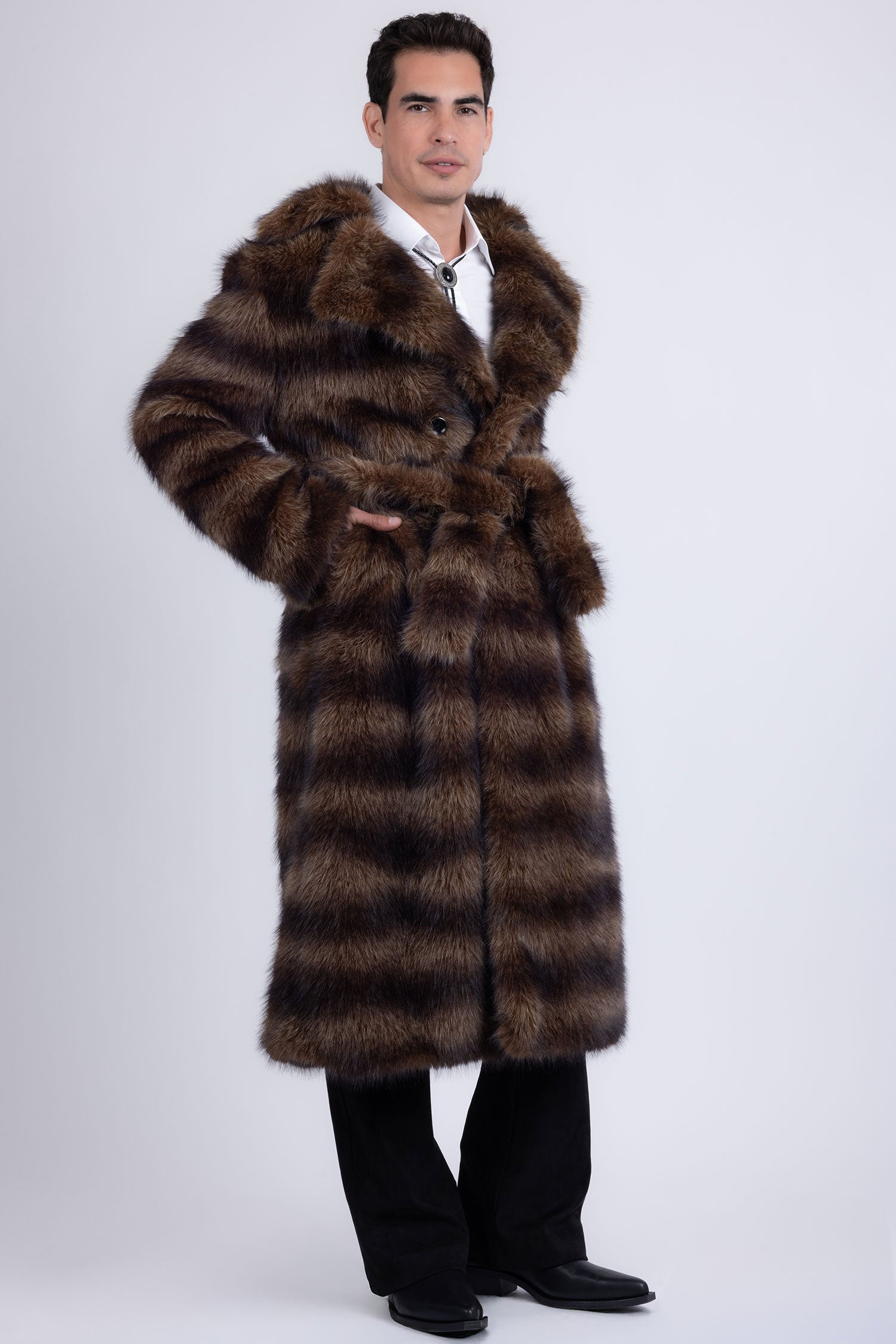 Barabas Men's Soft Fur Notch Lapel Long Coat 5BHL01 Brown