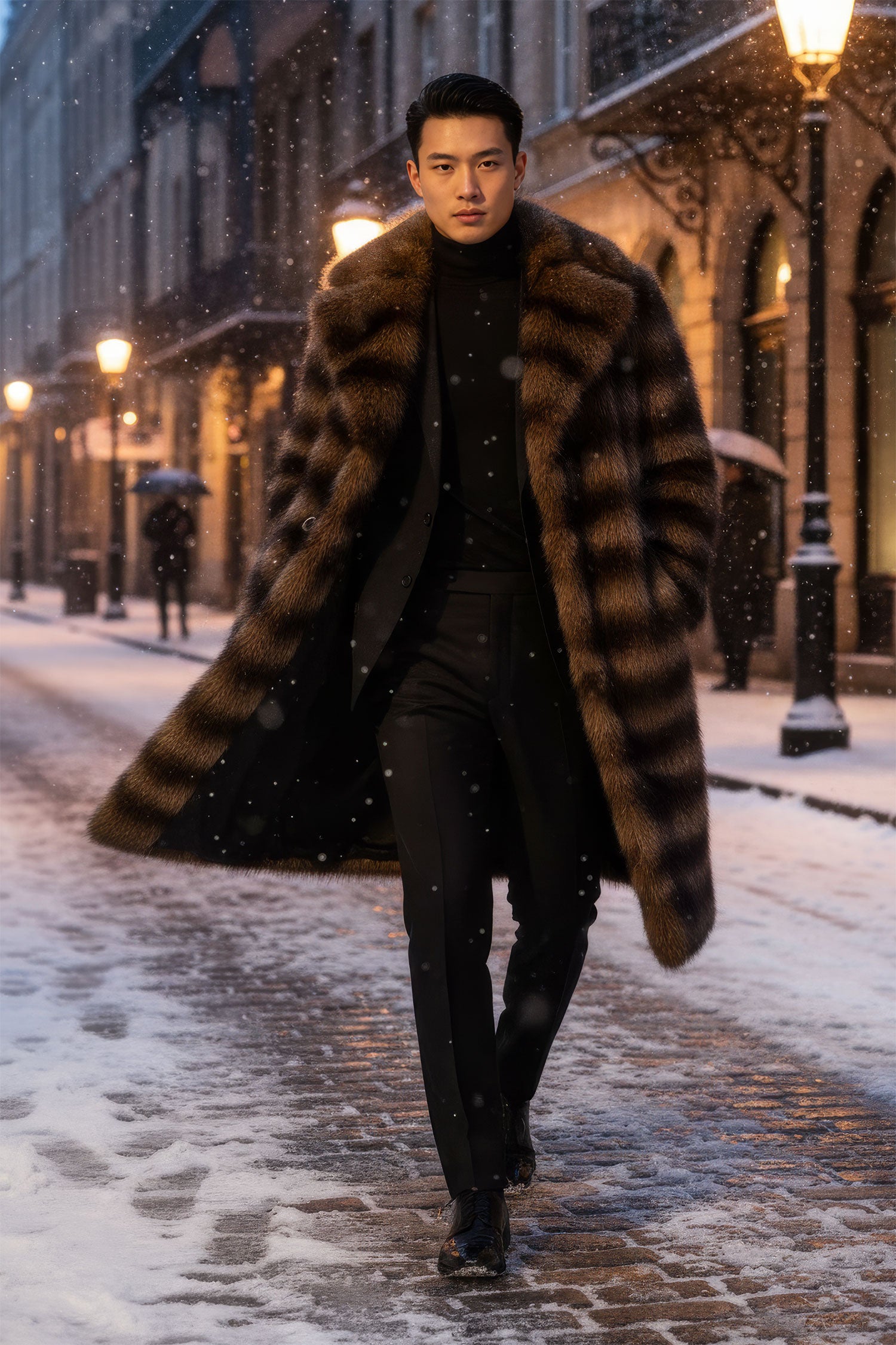 Barabas Men's Soft Fur Notch Lapel Stripped Long Coat 5BHL01 Brown Black