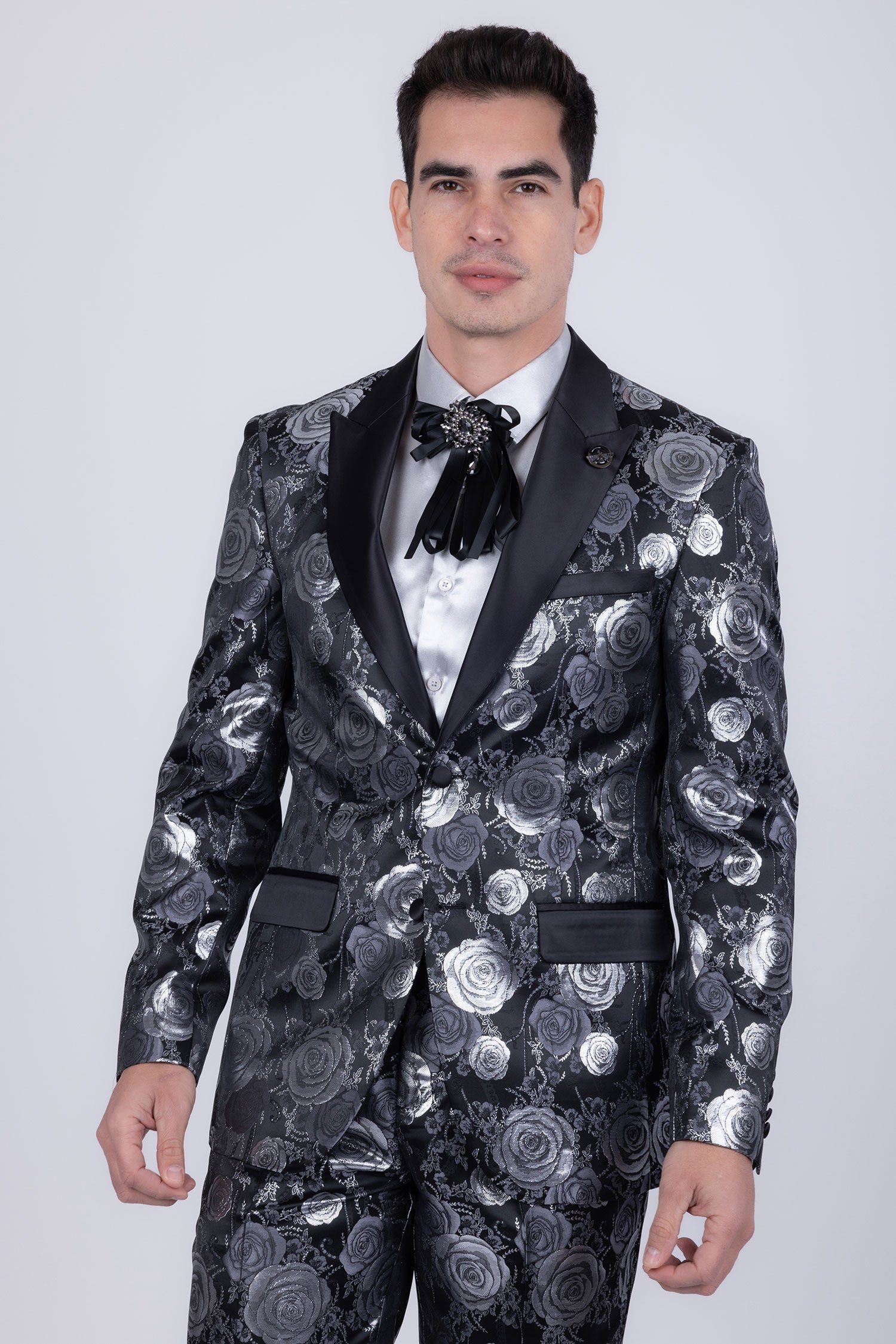 Barabas Men's Floral Shiny Design Luxury Peak Lapel Blazer 5BL02 Black Silver