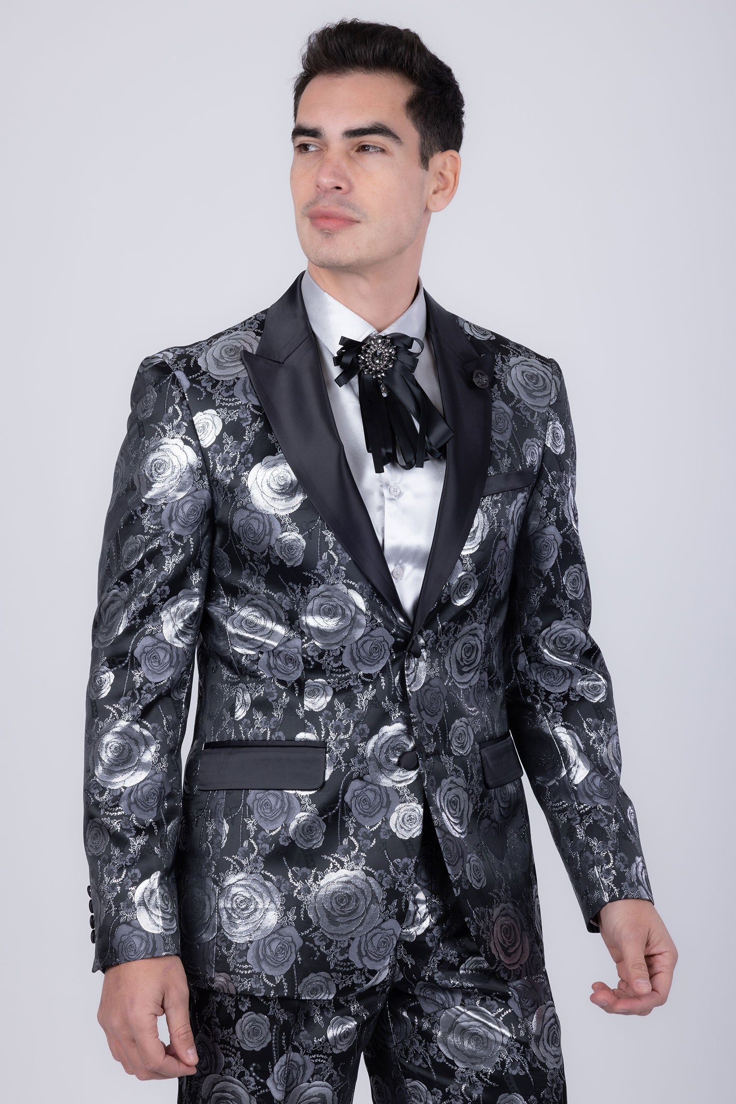 Barabas Men's Floral Shiny Design Luxury Peak Lapel Blazer 5BL02 Black Silver