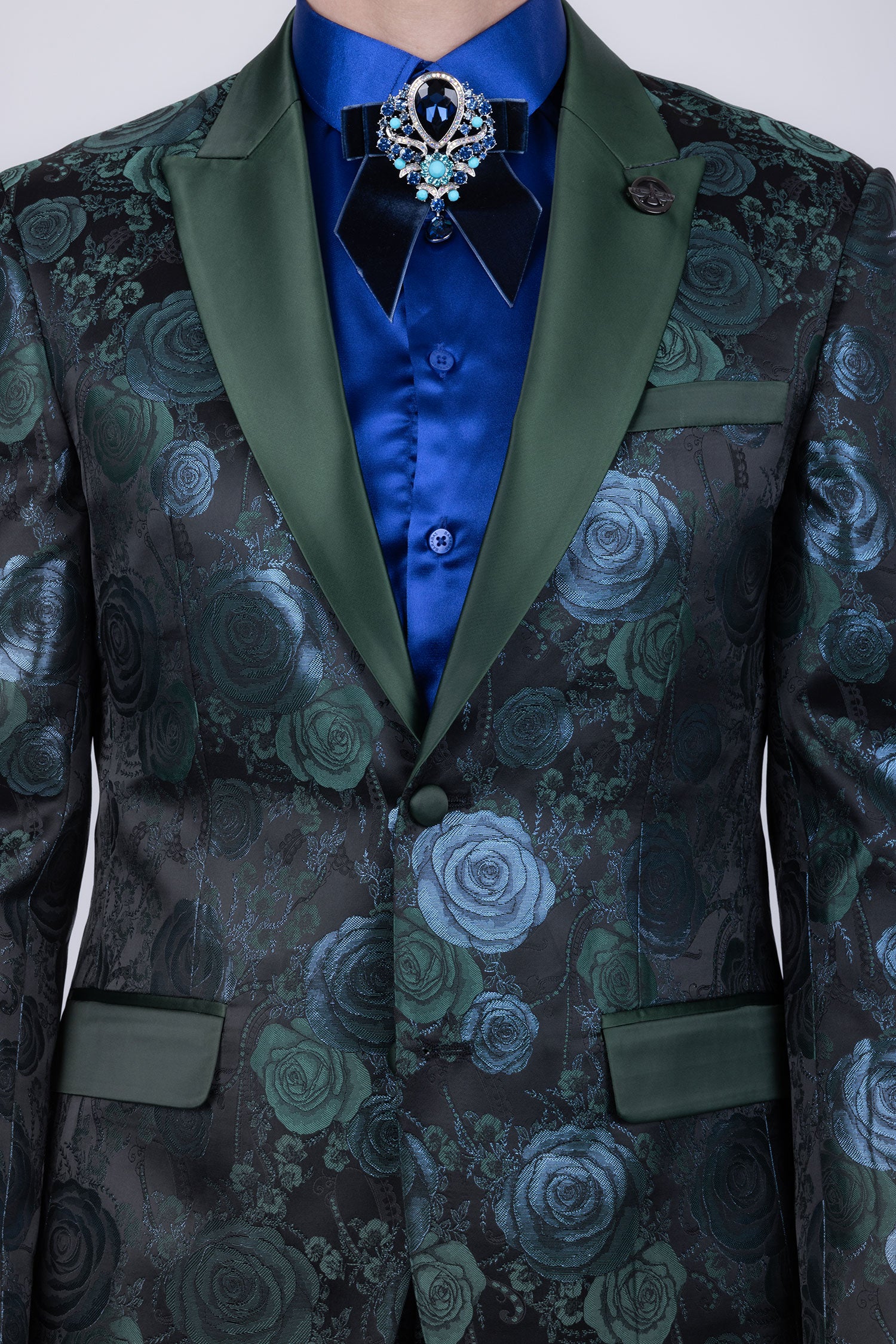 Barabas Men's Floral Shiny Design Luxury Peak Lapel Blazer 5BL02 Green