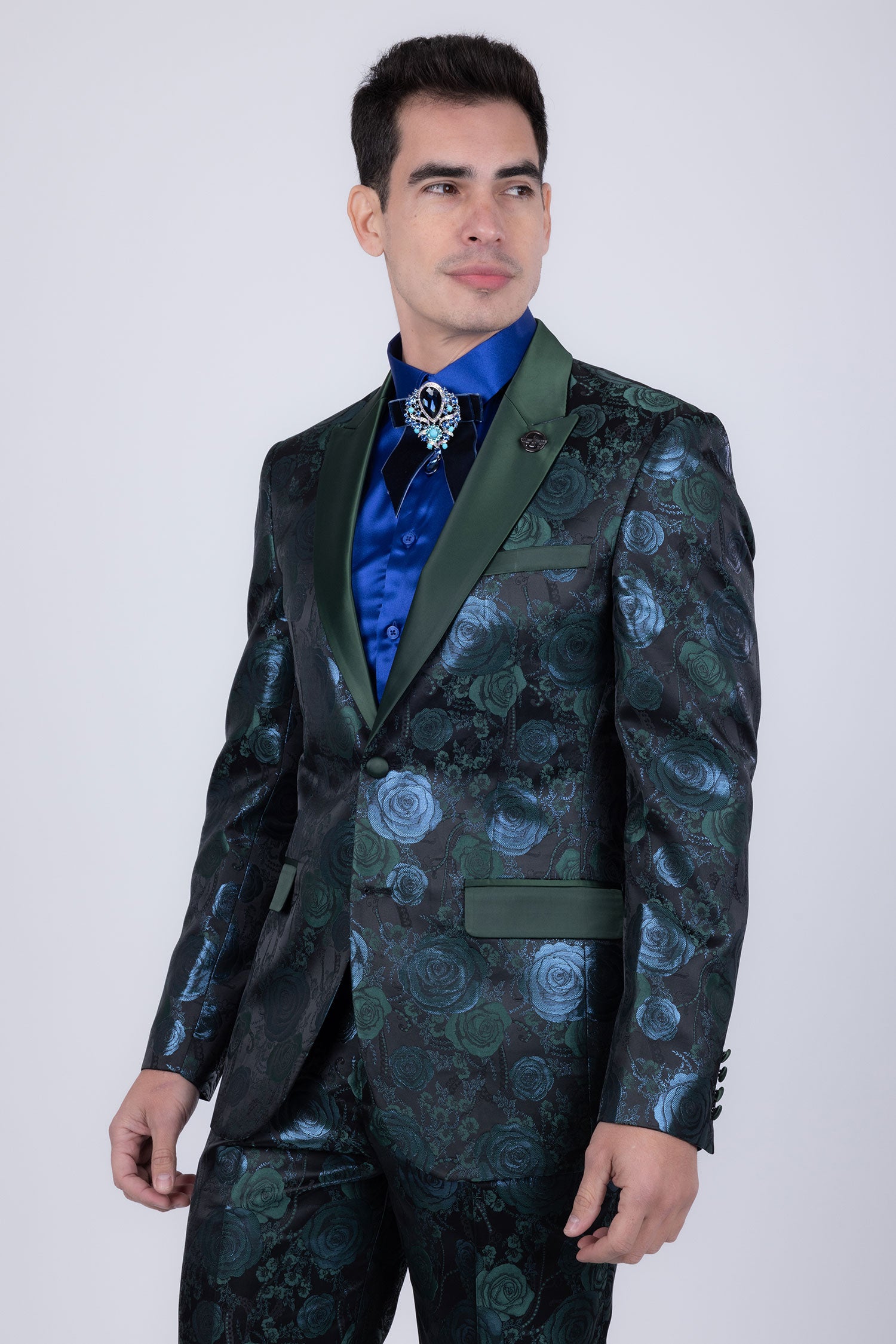 Barabas Men's Floral Shiny Design Luxury Peak Lapel Blazer 5BL02 Green