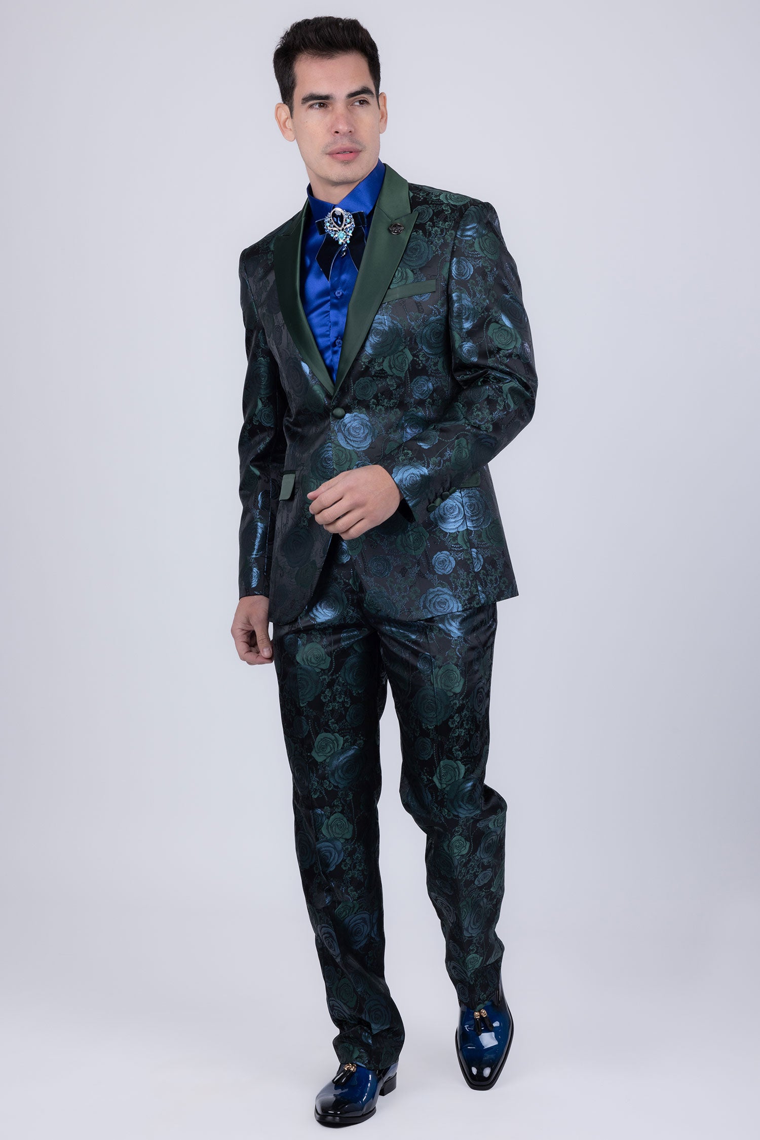 Barabas Men's Floral Shiny Design Luxury Peak Lapel Blazer 5BL02 Green