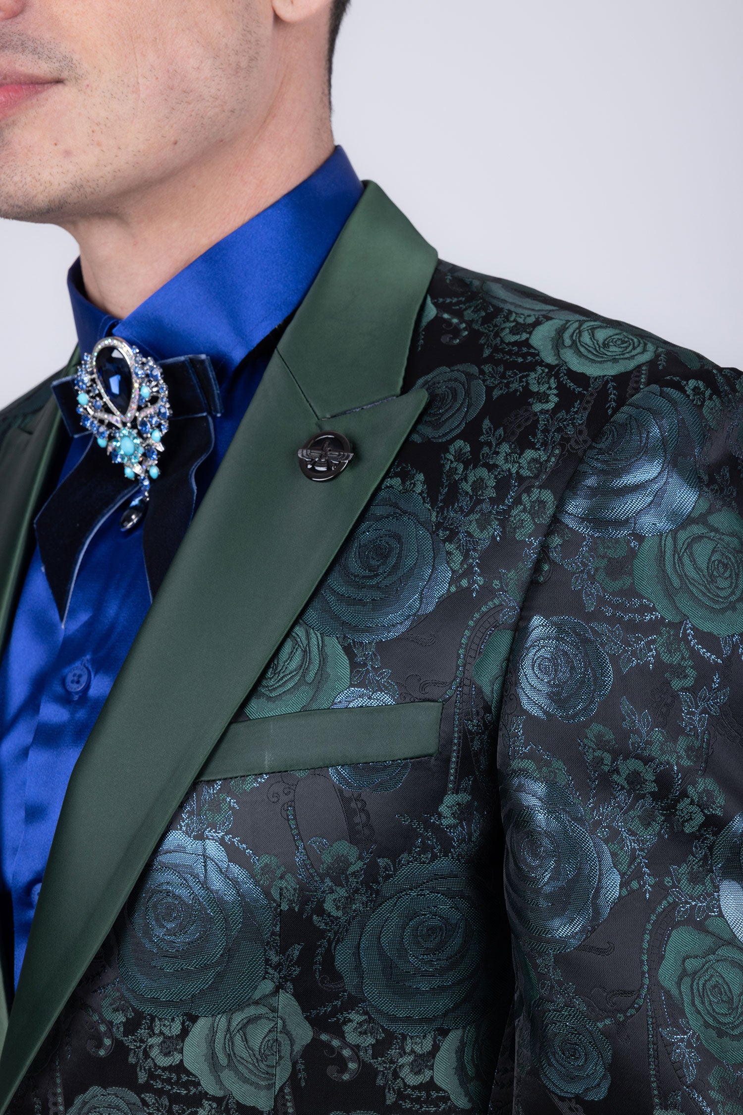 Barabas Men's Floral Shiny Design Luxury Peak Lapel Blazer 5BL02 Green