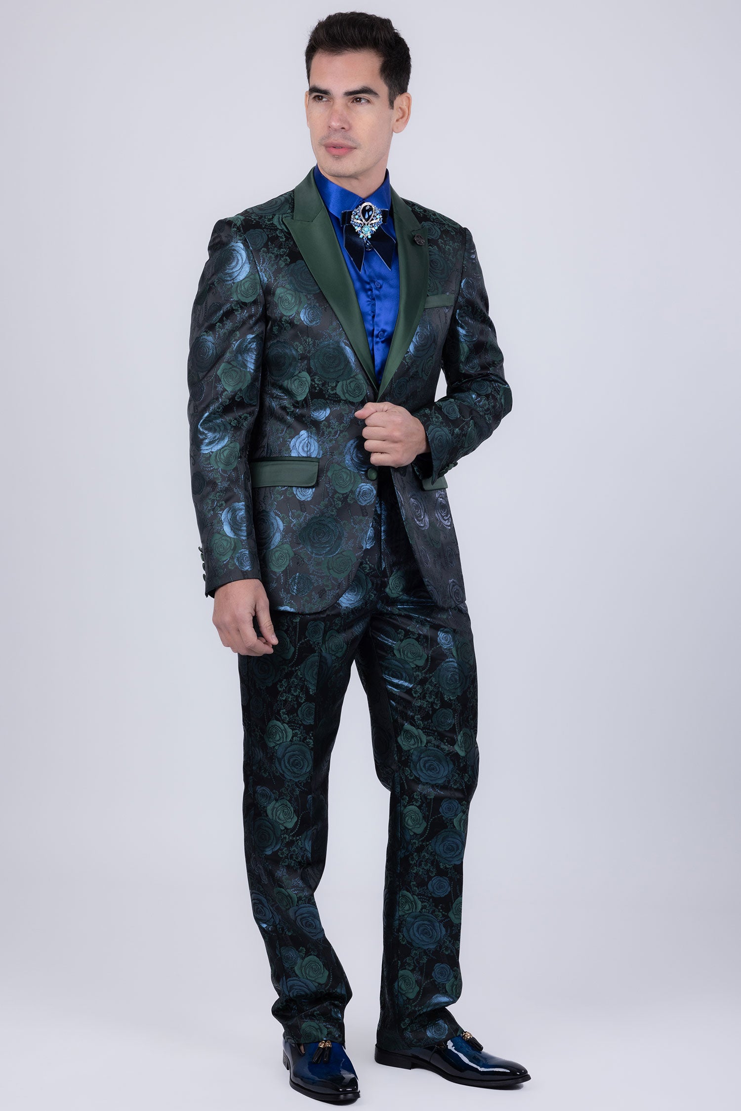 Barabas Men's Floral Shiny Design Luxury Peak Lapel Blazer 5BL02 Green