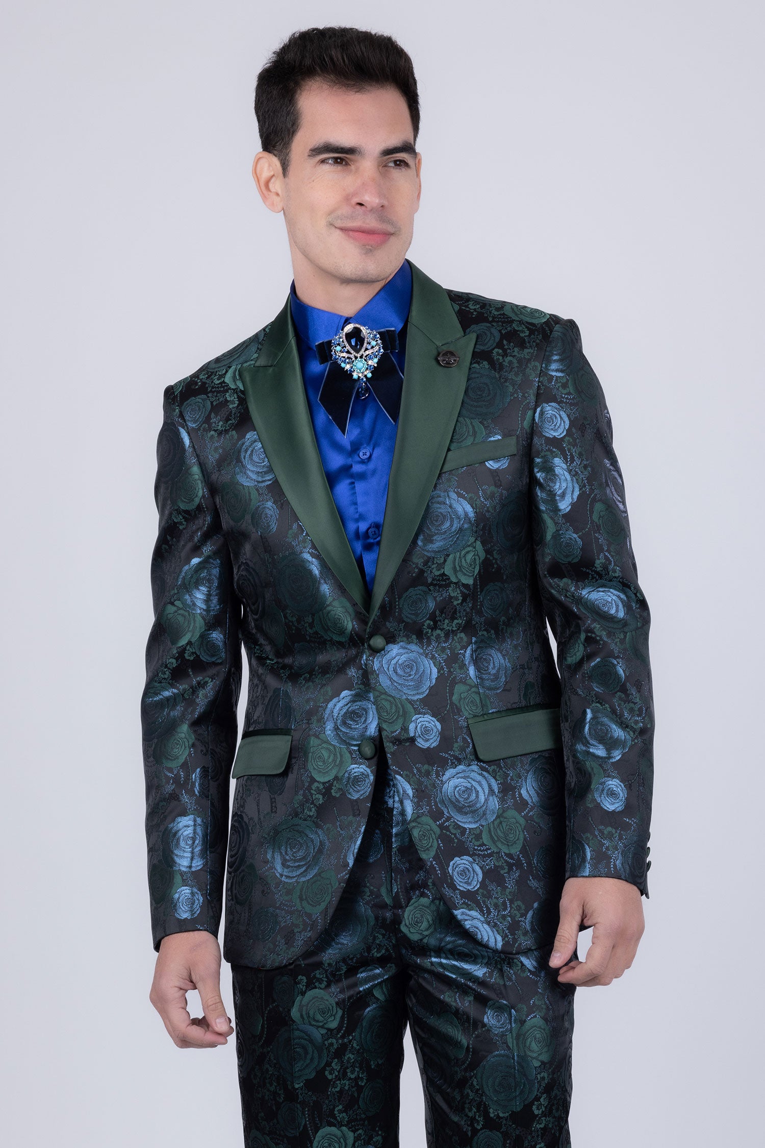 Barabas Men's Floral Shiny Design Luxury Peak Lapel Blazer 5BL02 Green