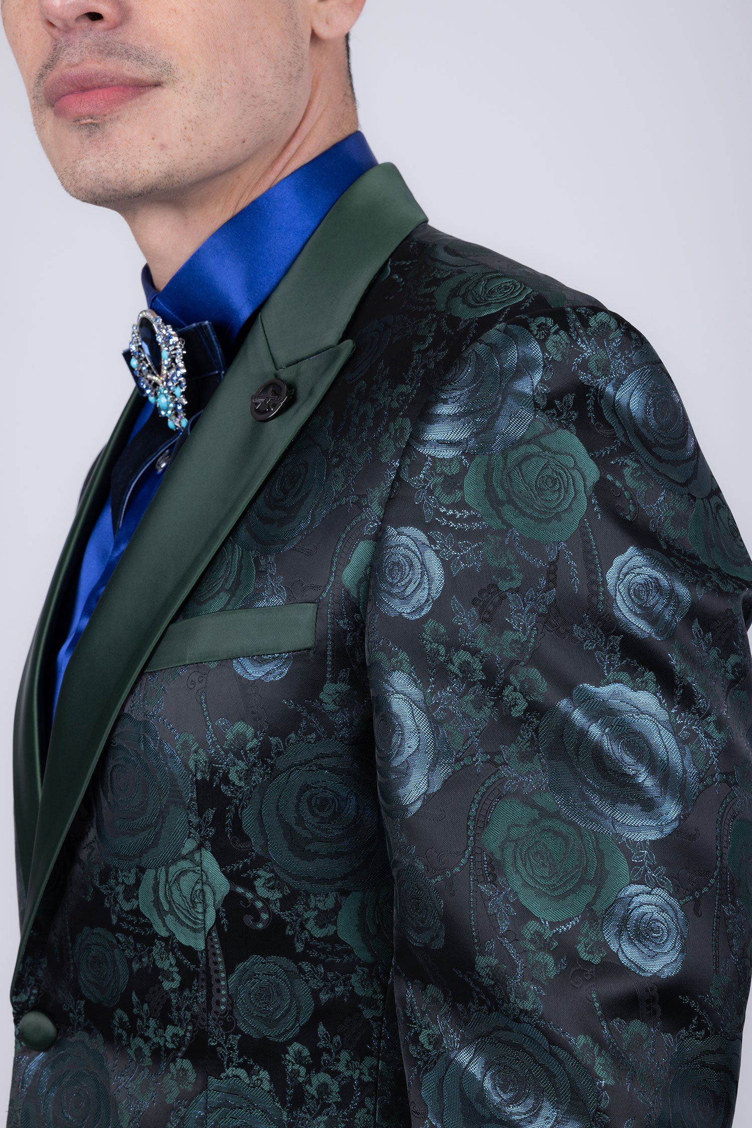 Barabas Men's Floral Shiny Design Luxury Peak Lapel Blazer 5BL02 Green