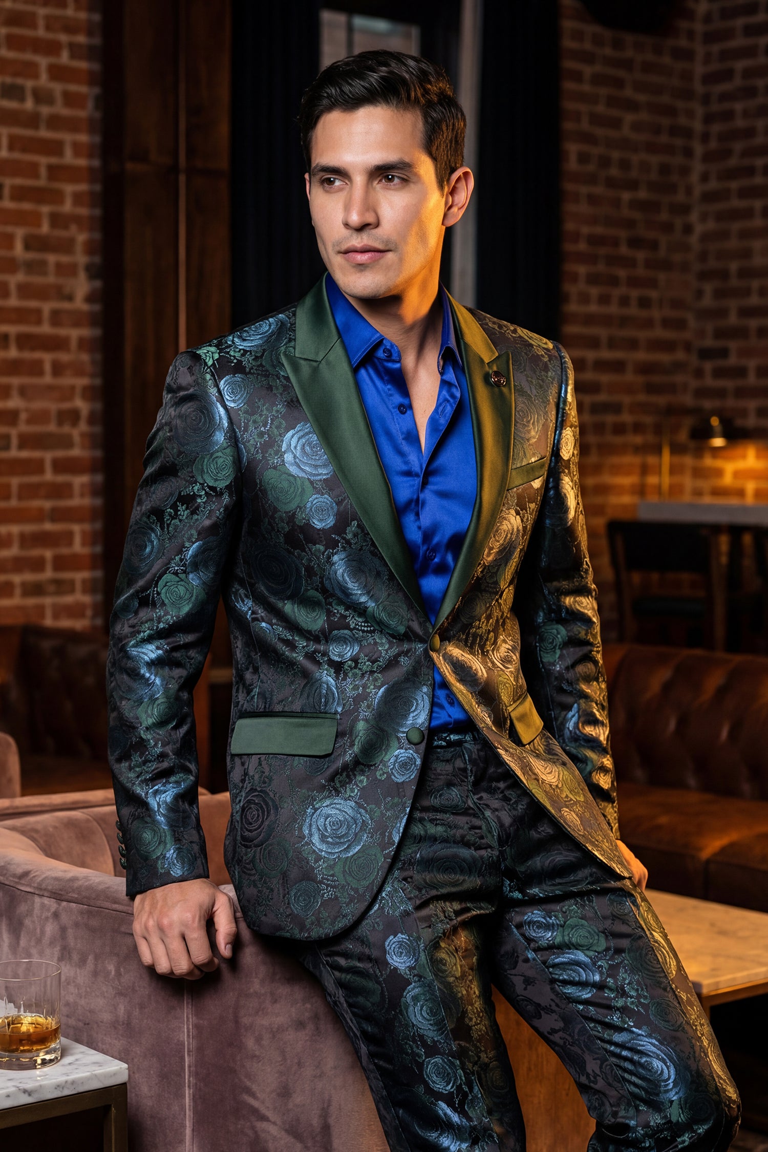 Barabas Men's Floral Shiny Design Luxury Peak Lapel Blazer 5BL02 Green