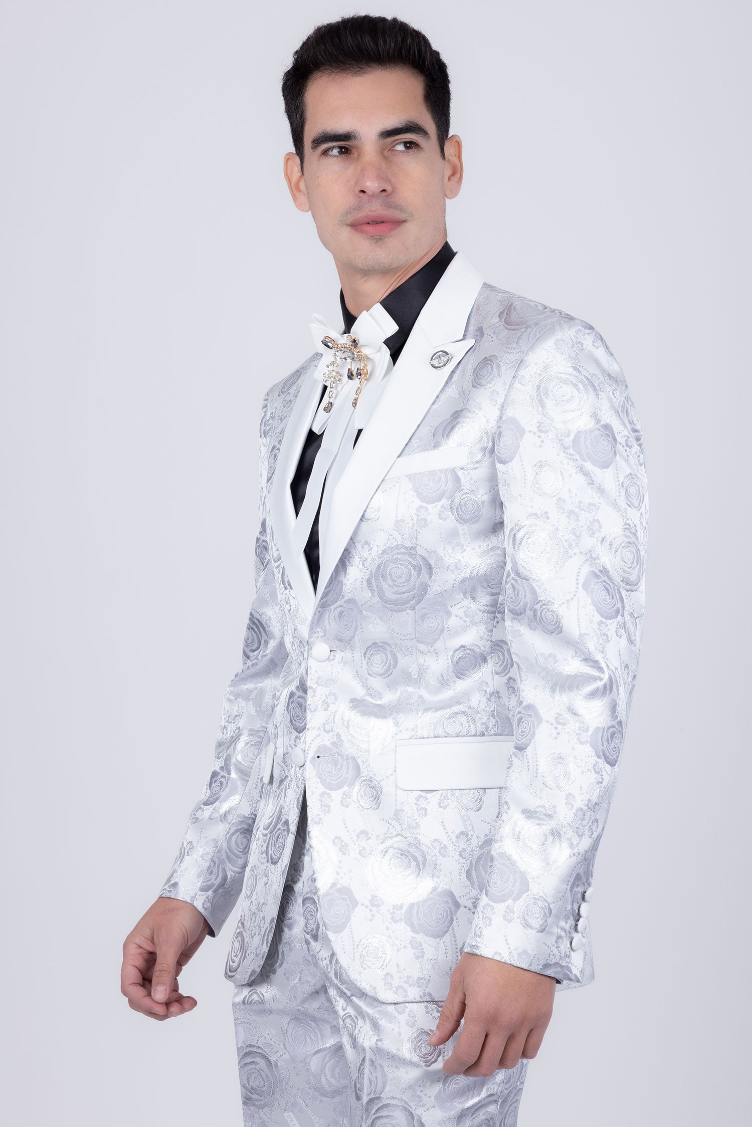 Barabas Men's Floral Shiny Design Luxury Peak Lapel Blazer 5BL02 White