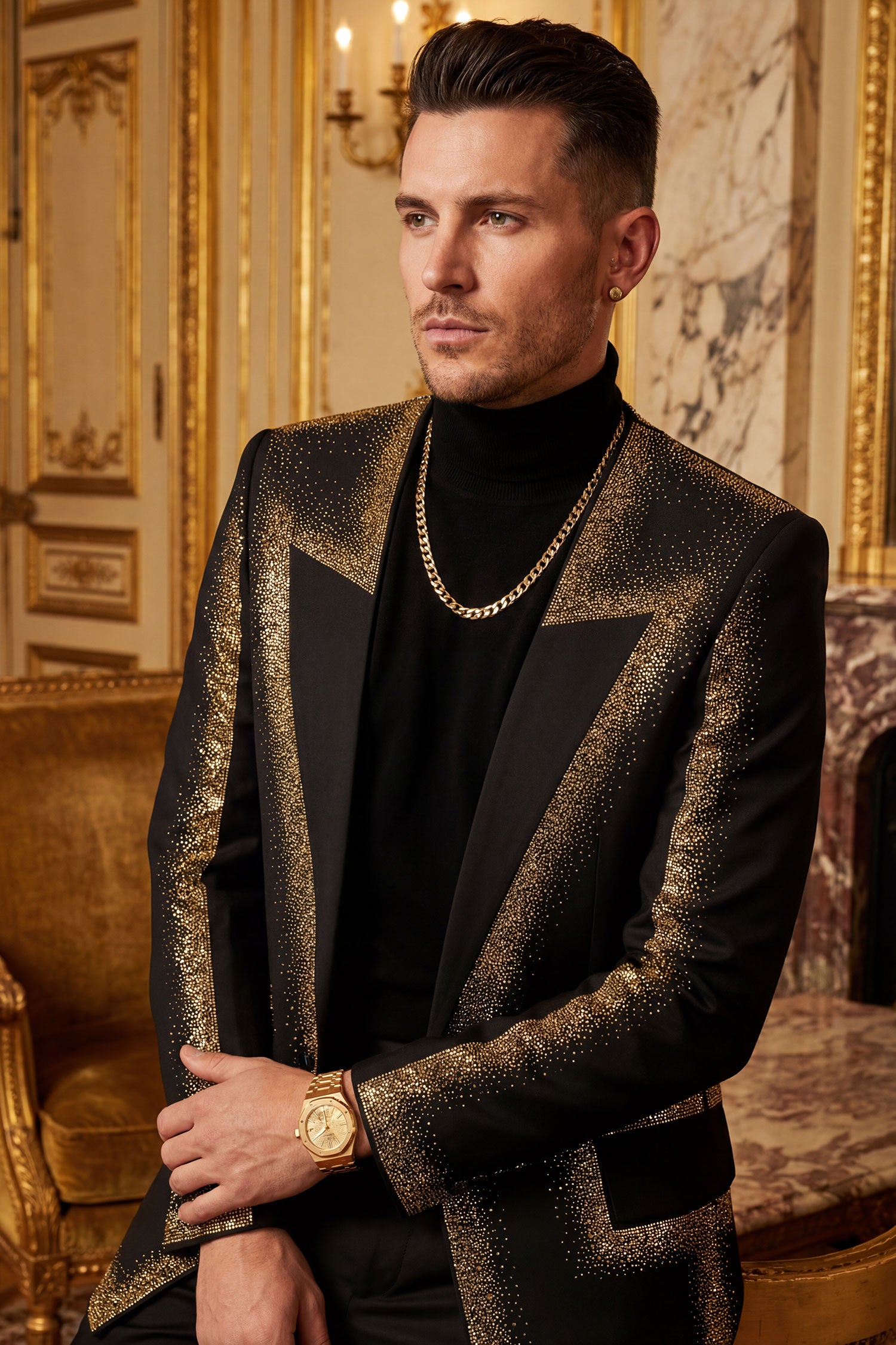 Barabas Men's Rhinestone Design Luxury Prom Collarless Blazer 5BL03 Black Gold