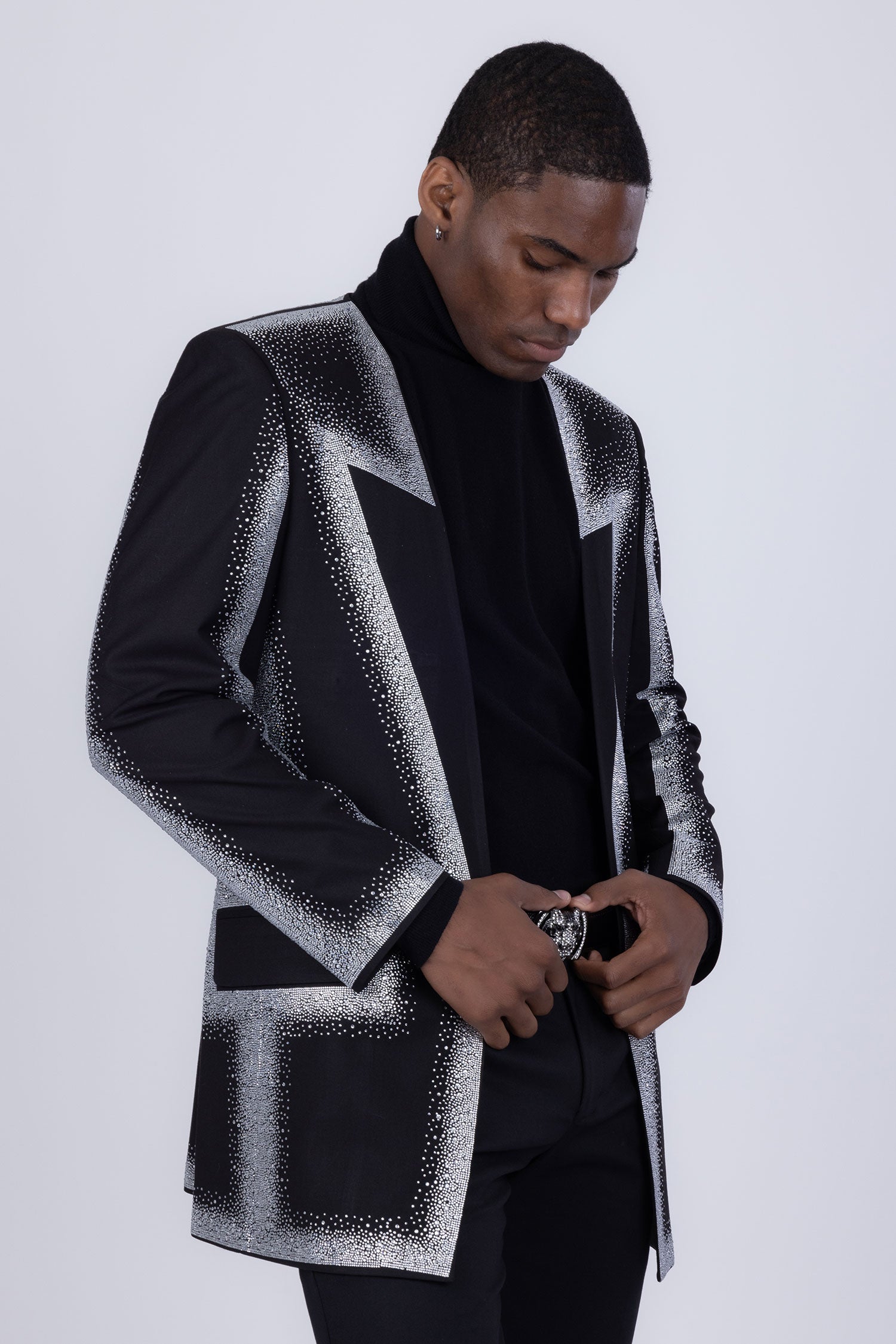 Barabas Men's Rhinestone Design Luxury Prom Collarless Blazer 5BL03 Black Silver