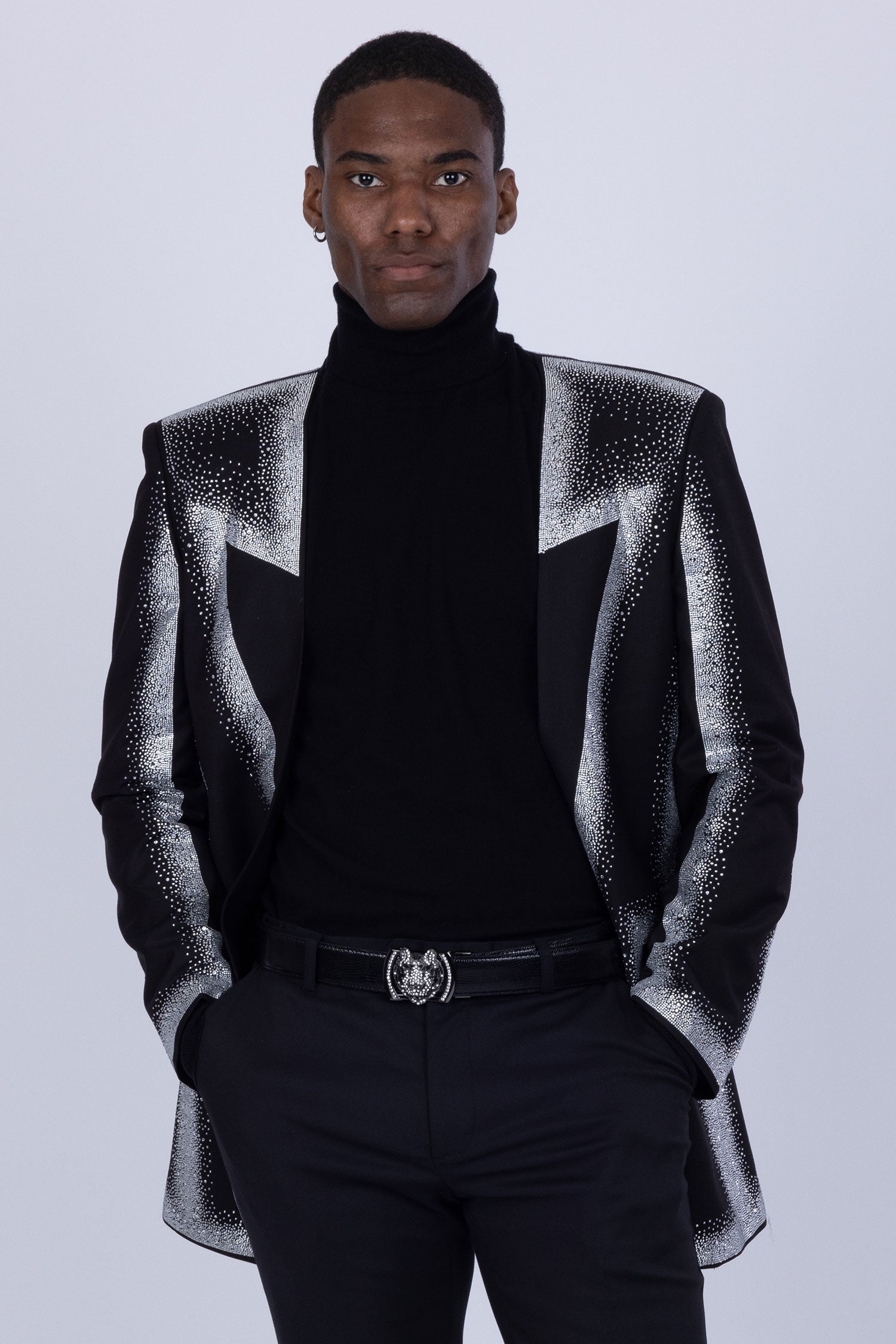 Barabas Men's Rhinestone Design Luxury Prom Collarless Blazer 5BL03 Black Silver