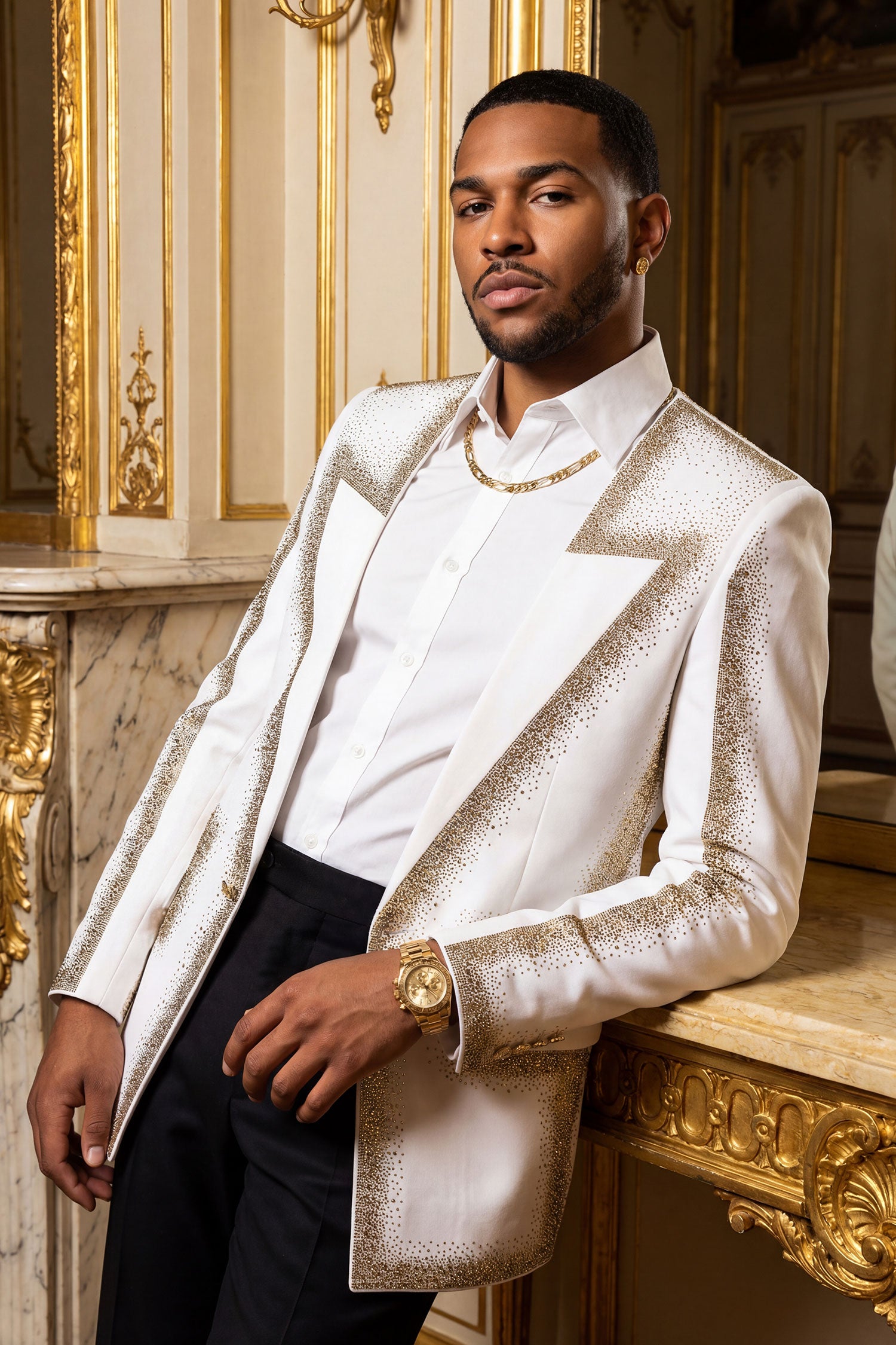 Barabas Men's Rhinestone Design Luxury Prom Collarless Blazer 5BL03 White Gold