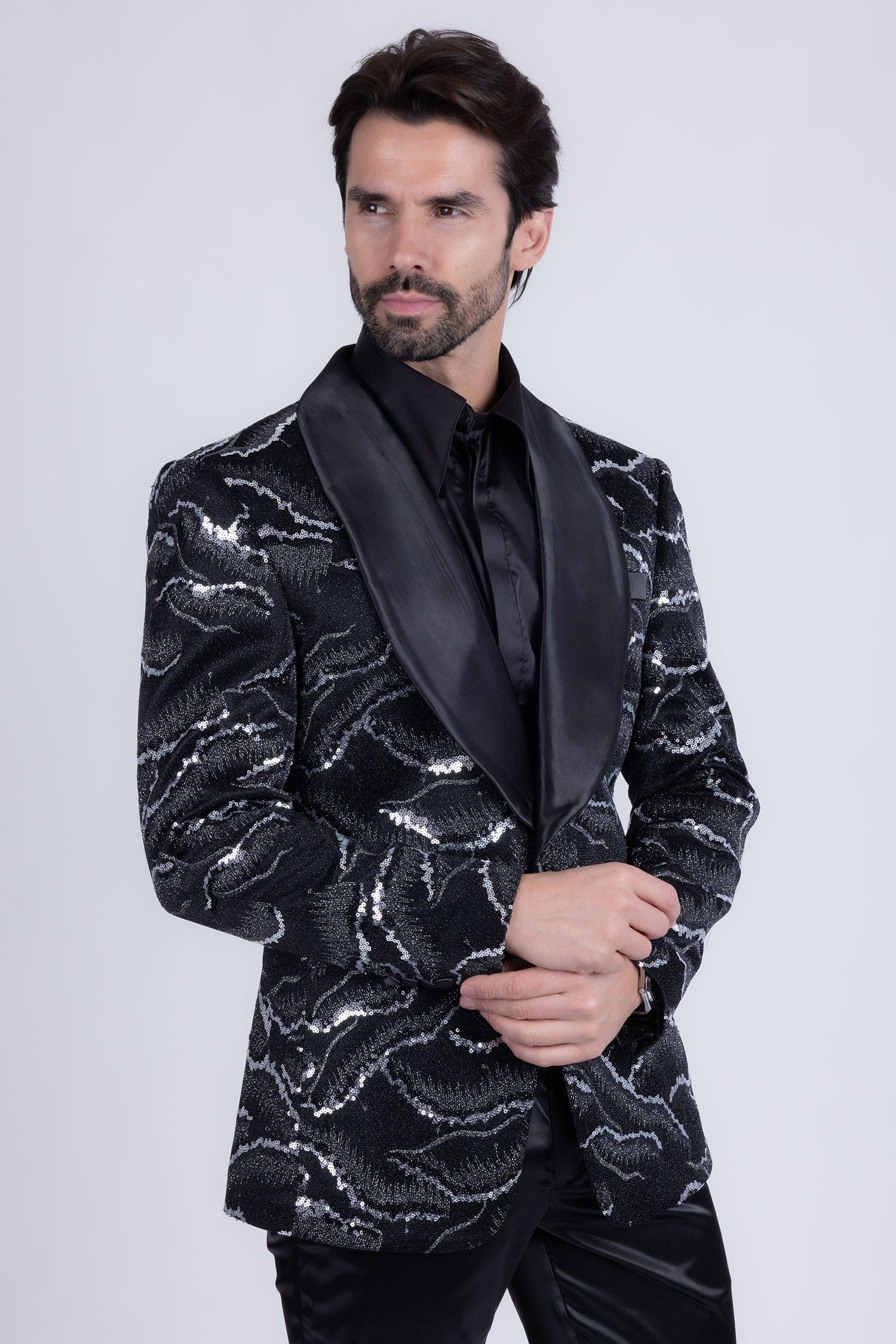 Barabas Men's Sequin Geometric Shiny Design Shawl Lapel Blazer 5BL04 Black Silver