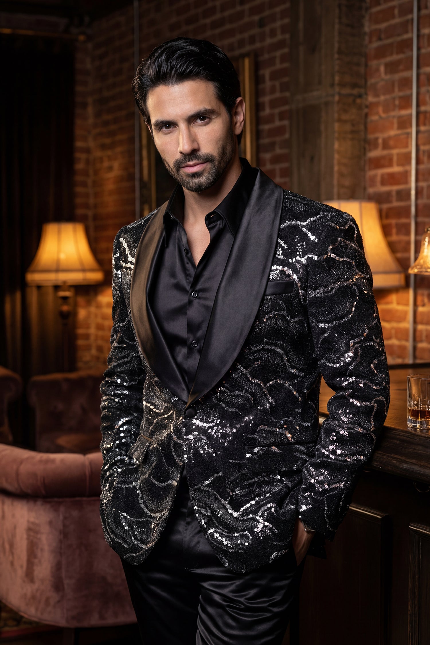 Barabas Men's Sequin Geometric Shiny Design Shawl Lapel Blazer 5BL04 Silver Black 