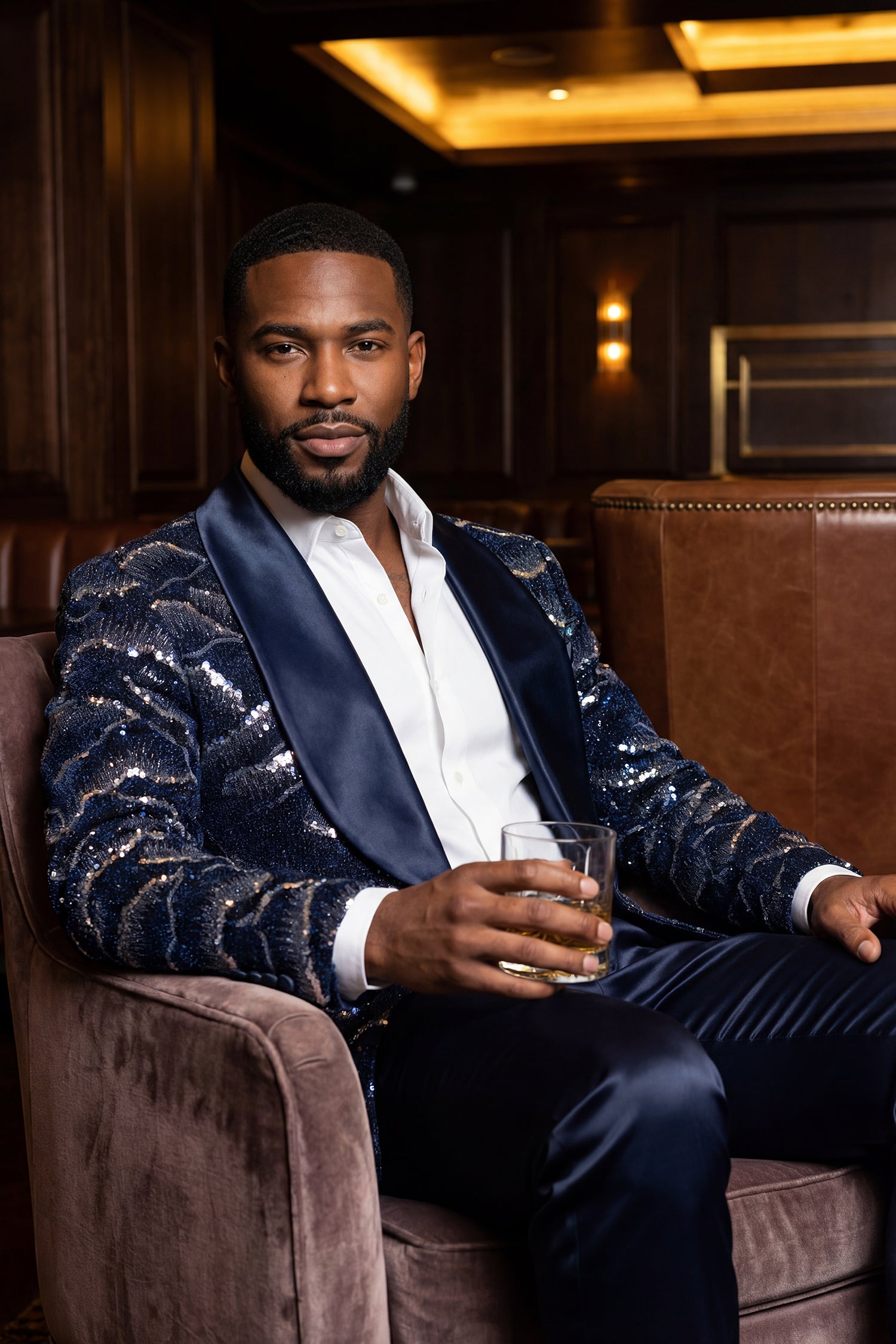 Barabas Men's Sequin Geometric Shiny Design Shawl Lapel Blazer 5BL04 Navy Silver