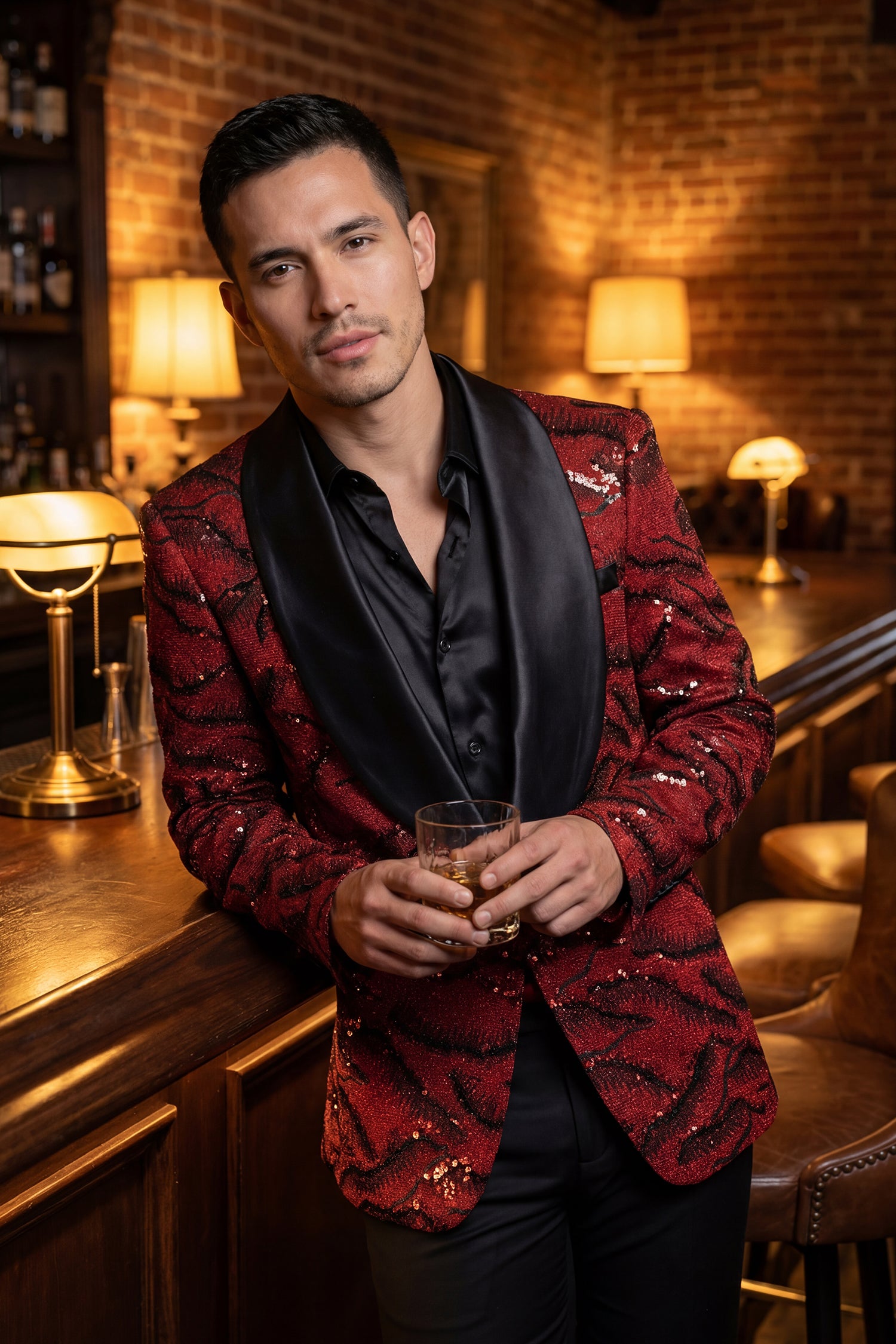 Barabas Men's Sequin Geometric Shiny Design Shawl Lapel Blazer 5BL04 Red Black 