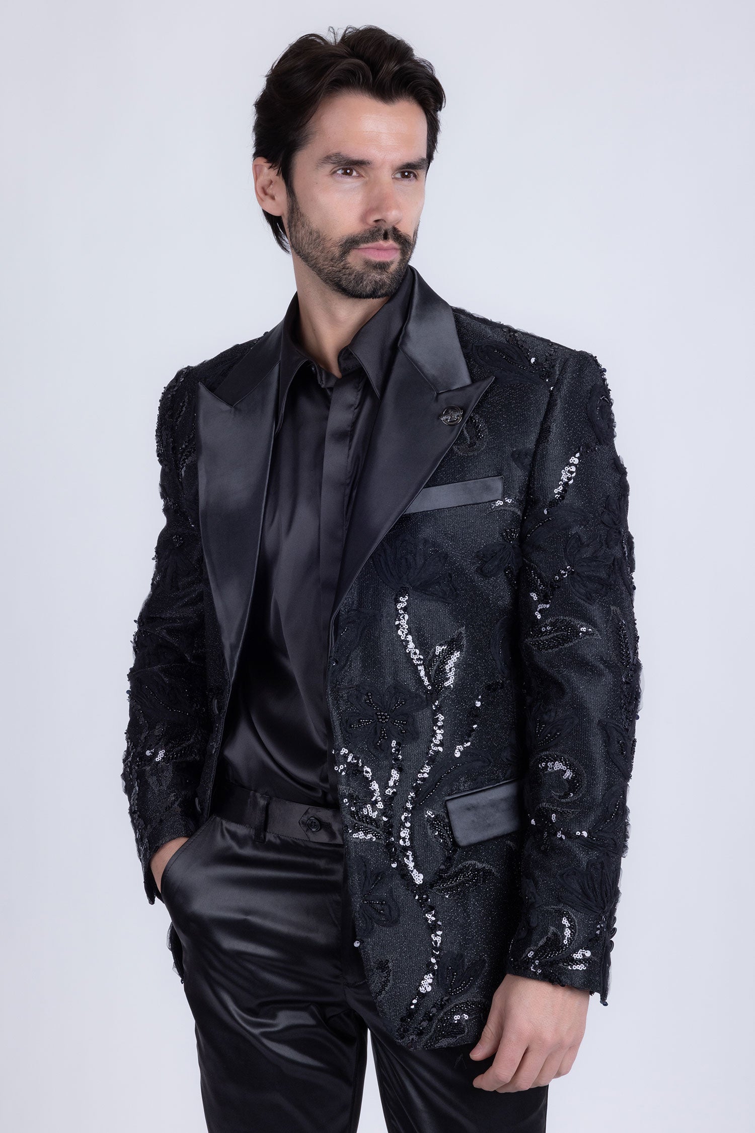 Barabas Men's Floral Shiny Sequin Design Peak Lapel Blazer 5BL07 Black