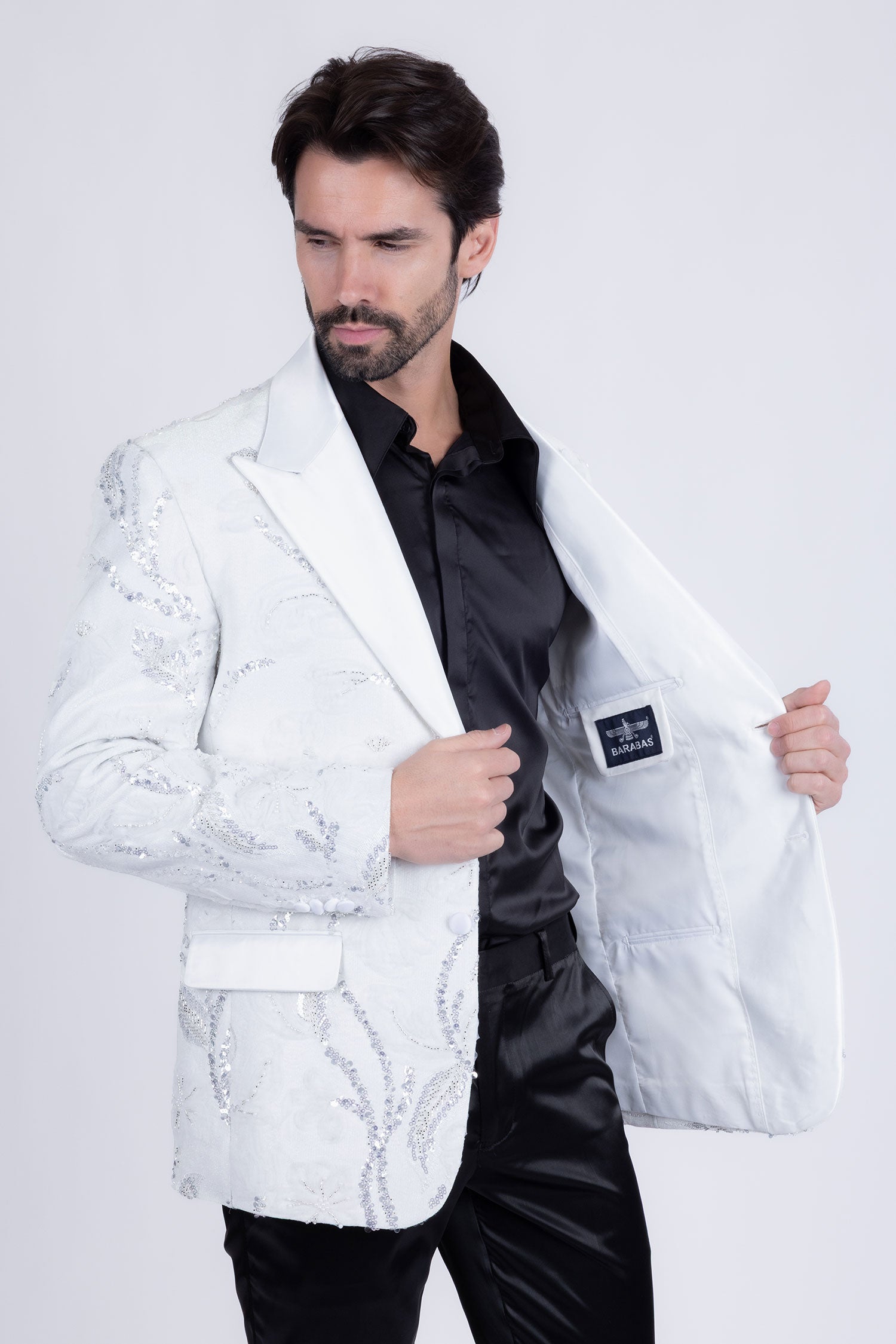 Barabas Men's Floral Shiny Sequin Design Peak Lapel Blazer 5BL07 Silver White