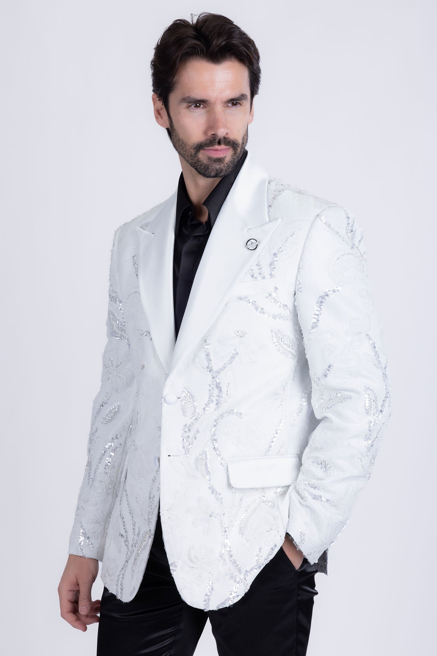 Barabas Men's Floral Shiny Sequin Design Peak Lapel Blazer 5BL07 White