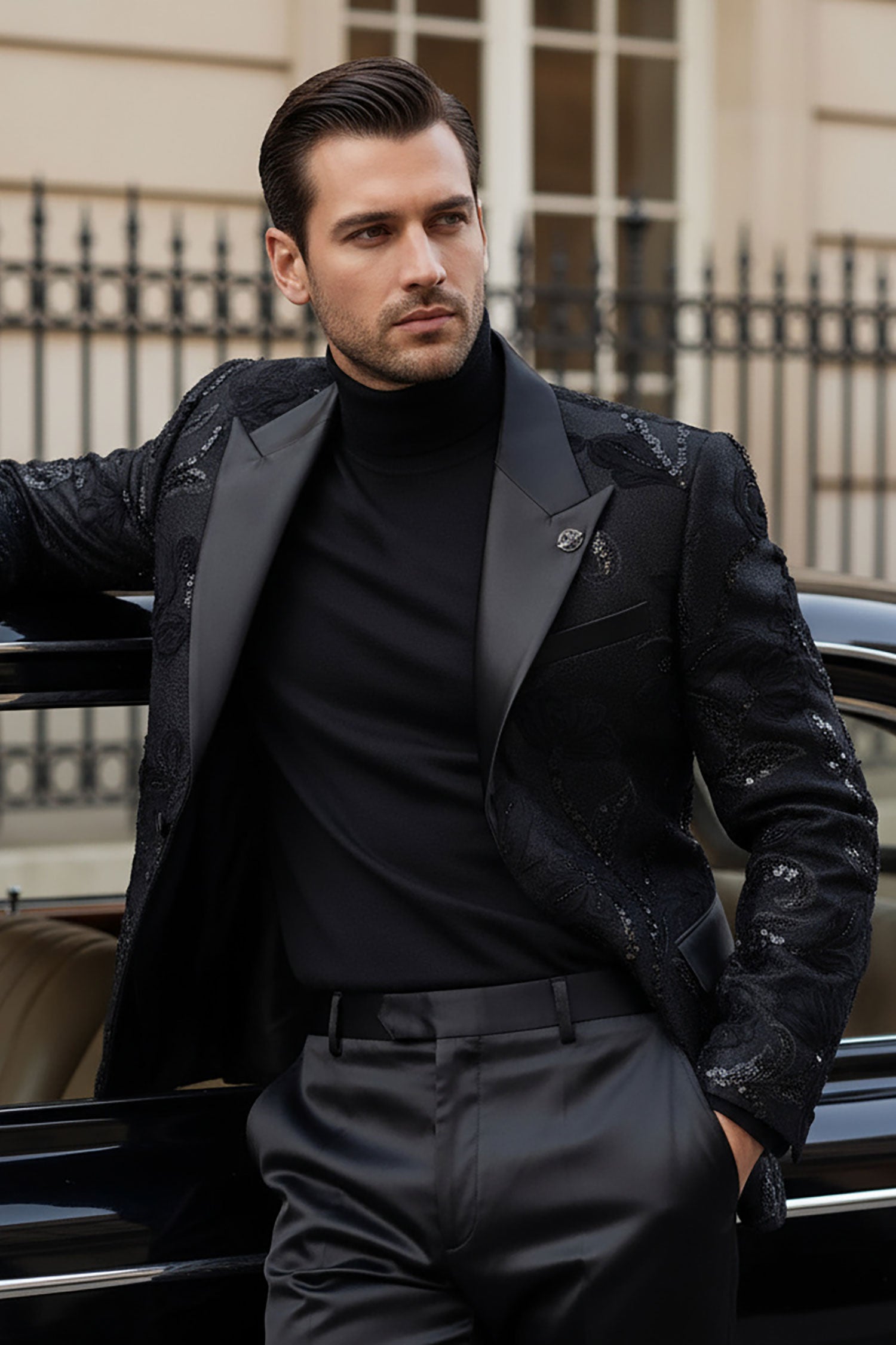 Barabas Men's Floral Shiny Sequin Design Peak Lapel Blazer 5BL07 Black Silver