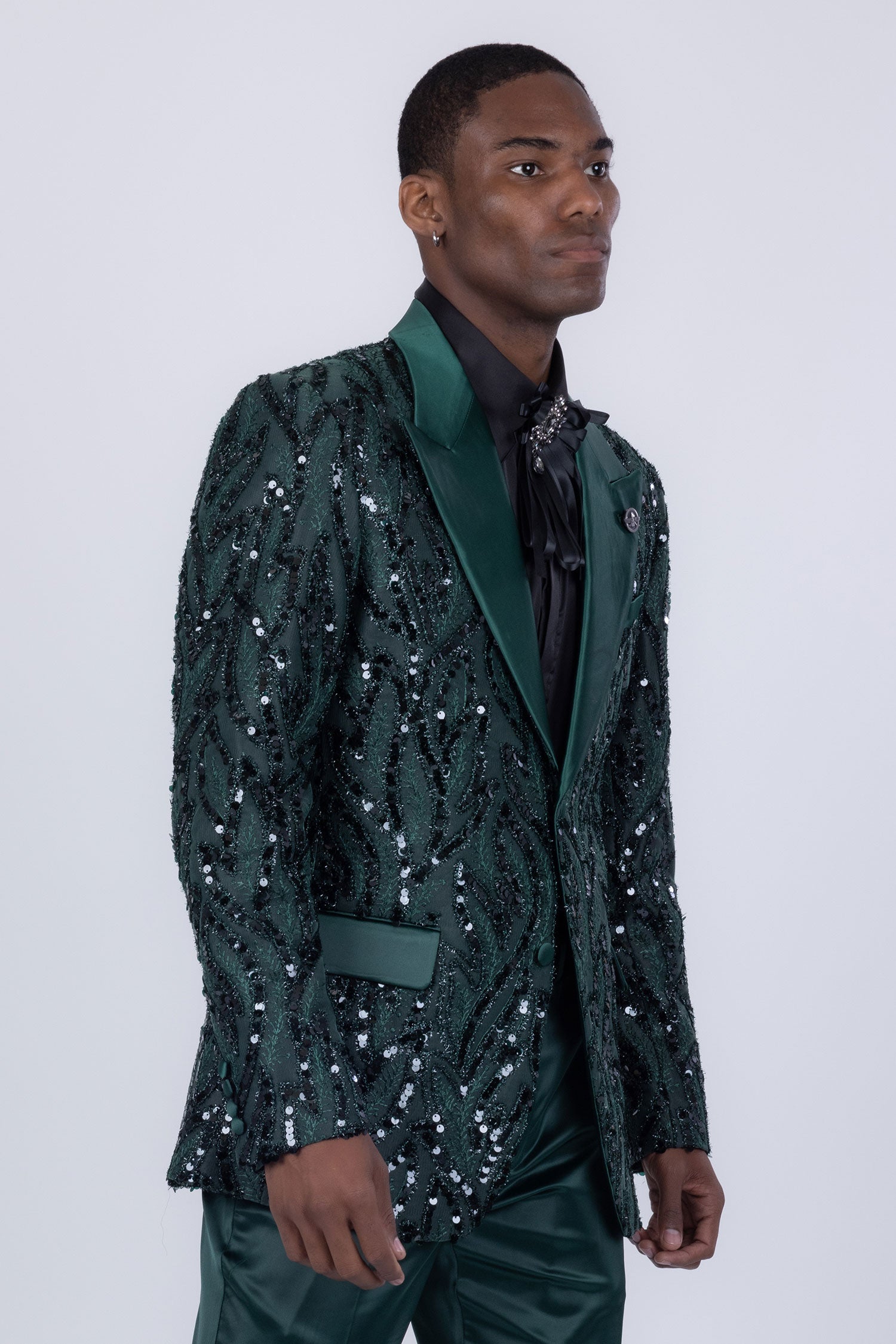 Barabas Men's Floral Sequin Embroidered Design Peak Lapel Blazer 5BL09 Green Black