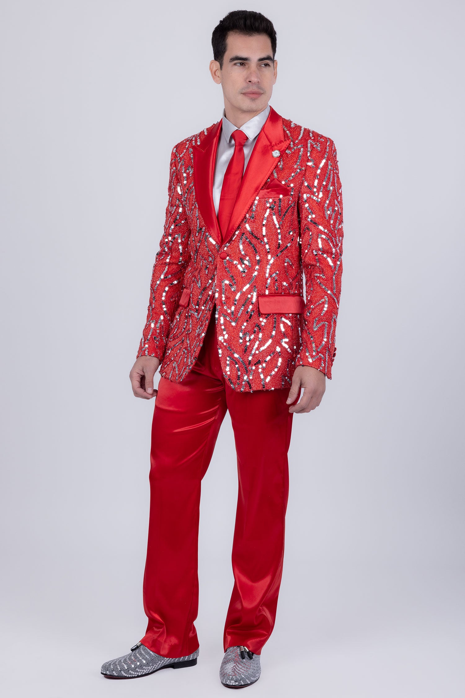 Barabas Men's Floral Sequin Embroidered Design Peak Lapel Blazer 5BL09 Red