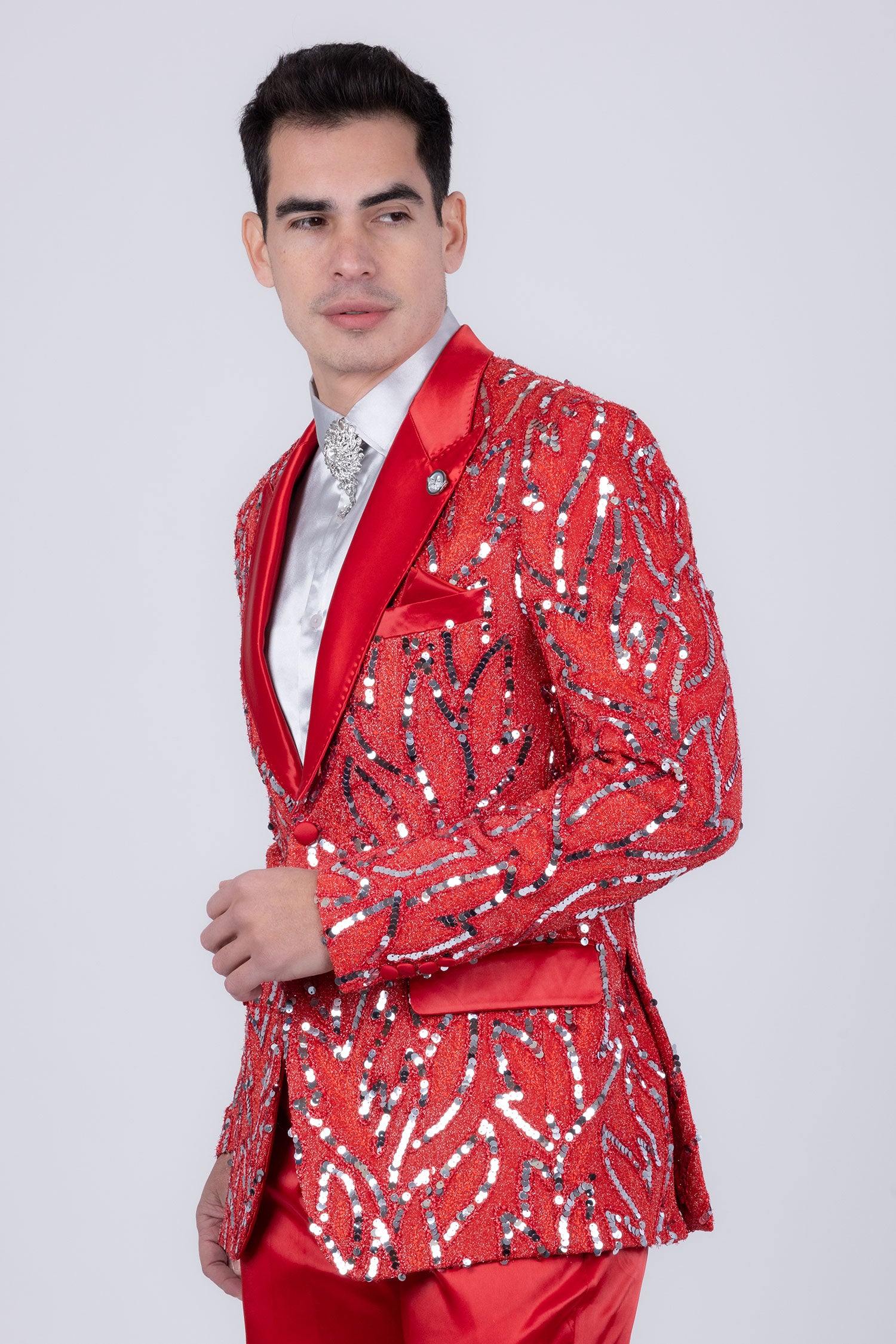 Barabas Men's Floral Sequin Embroidered Design Peak Lapel Blazer 5BL09 Red