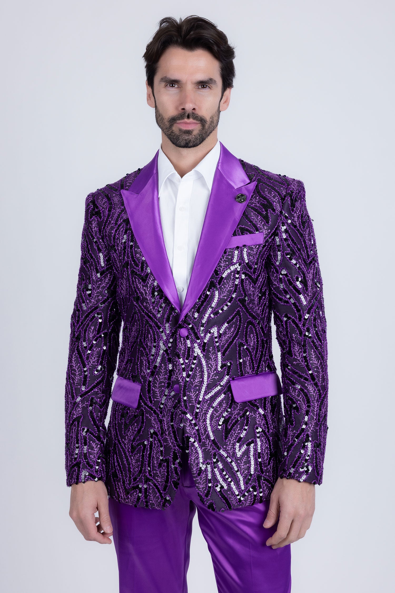 Barabas Men's Floral Sequin Embroidered Design Peak Lapel Blazer 5BL09 Violet Black