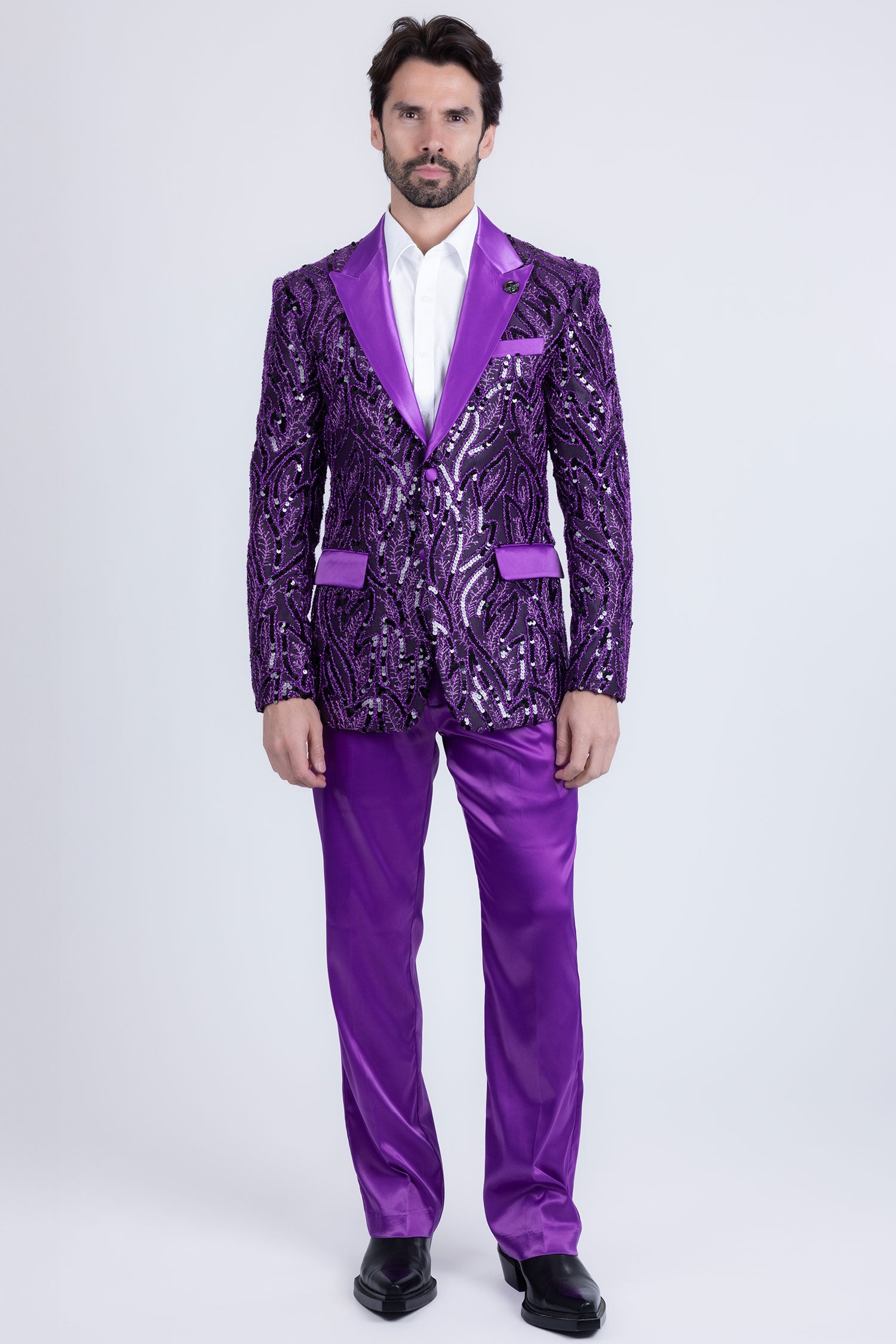 Barabas Men's Floral Sequin Embroidered Design Peak Lapel Blazer 5BL09 Violet