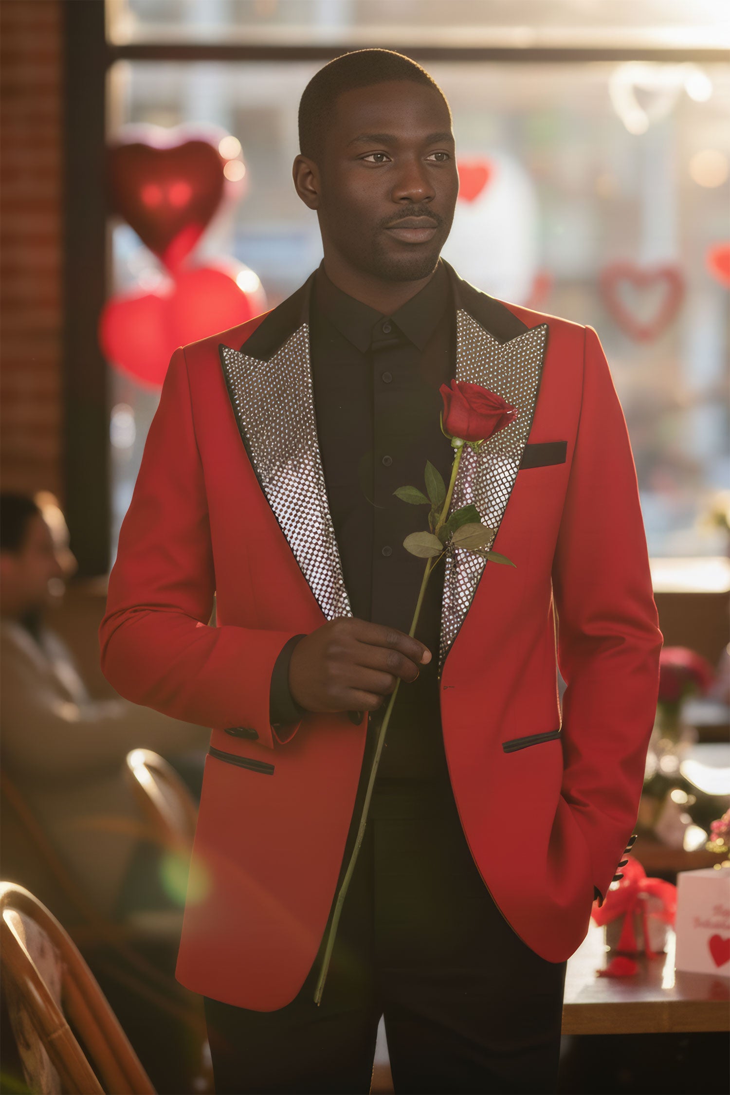 Barabas Men's Rhinestone Geometric Design Peak Lapel Blazer 5BL12 Red