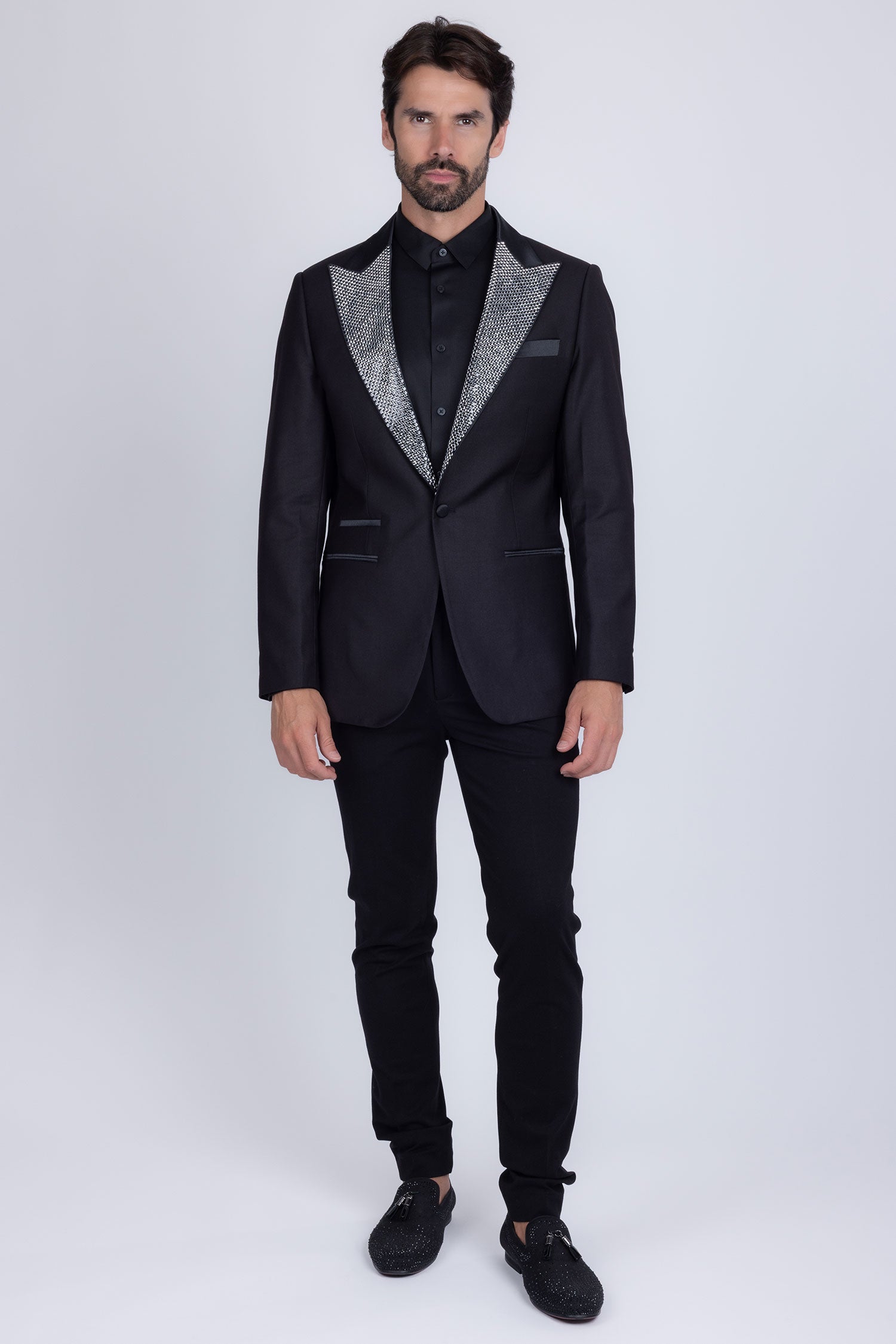 Barabas Men's Rhinestone Geometric Design Peak Lapel Blazer 5BL12 Black