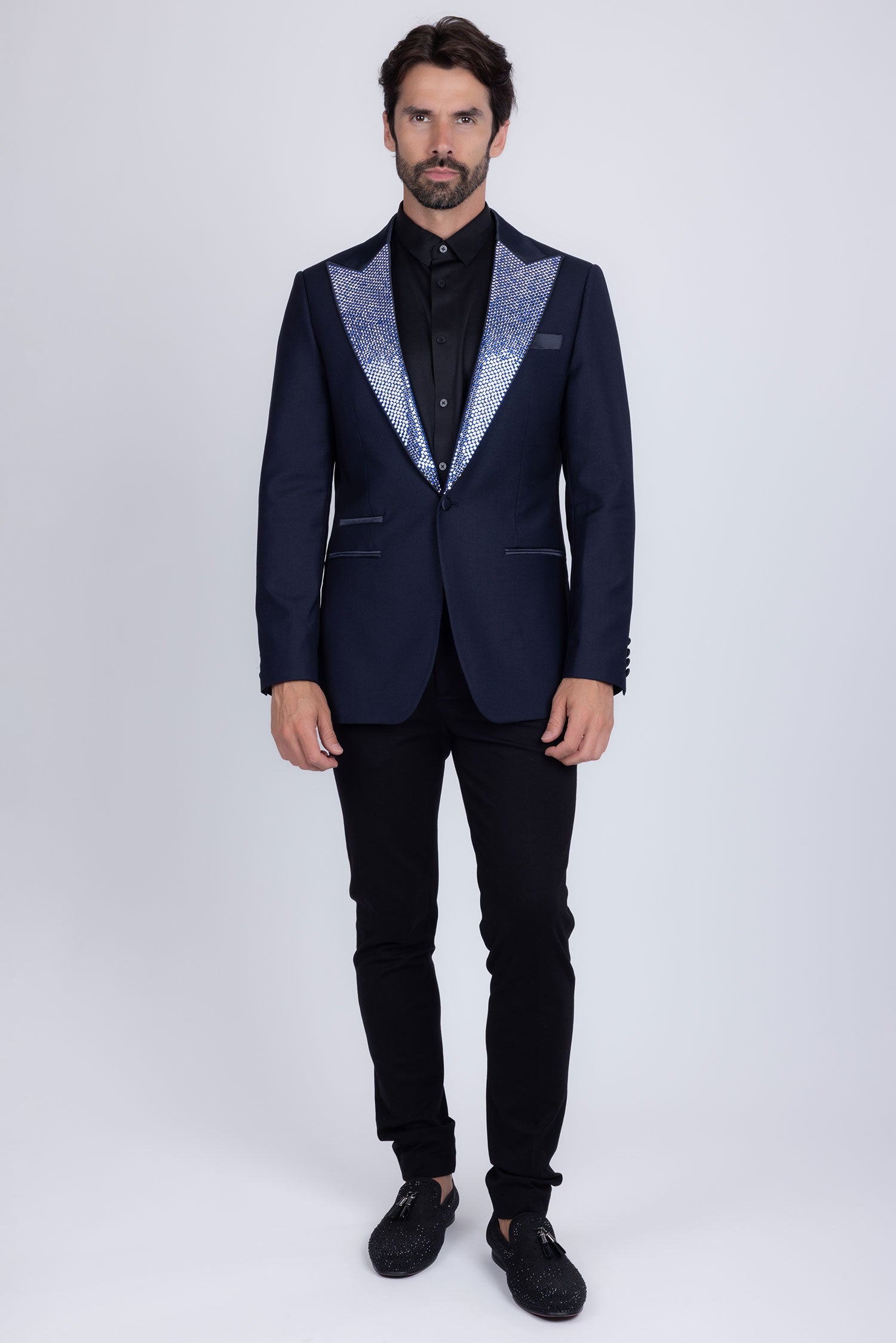 Barabas Men's Rhinestone Geometric Design Peak Lapel Blazer 5BL12 Navy