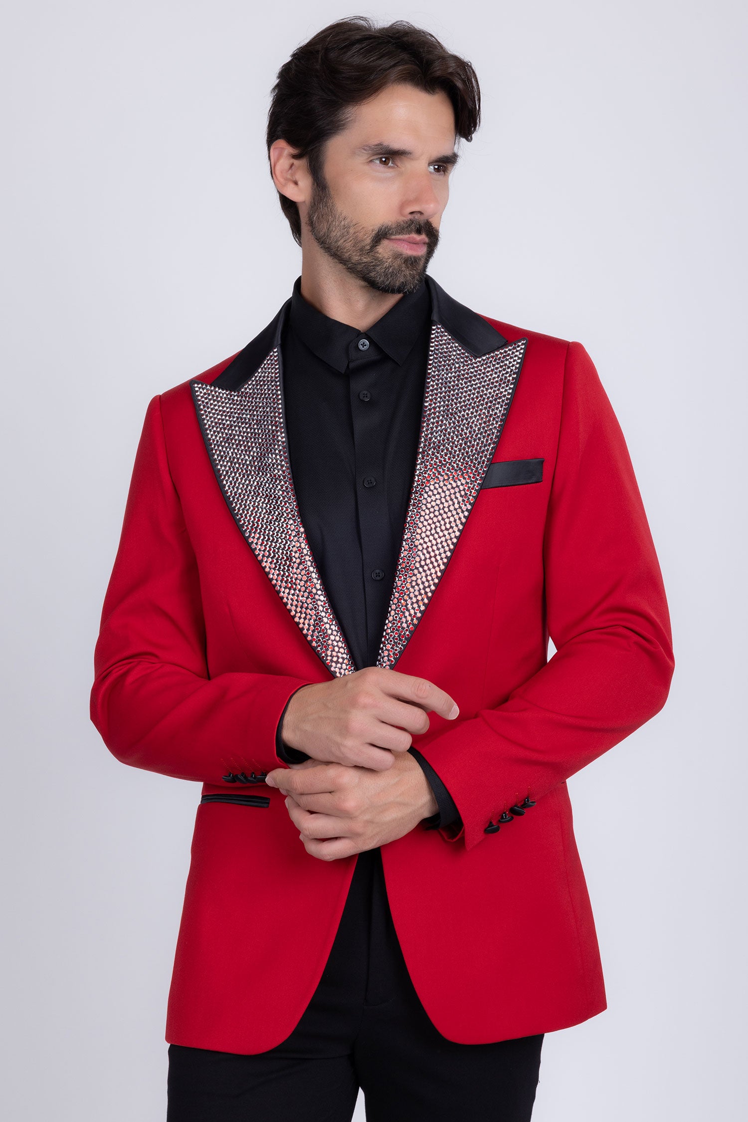 Barabas Men's Rhinestone Geometric Design Peak Lapel Blazer 5BL12 Red