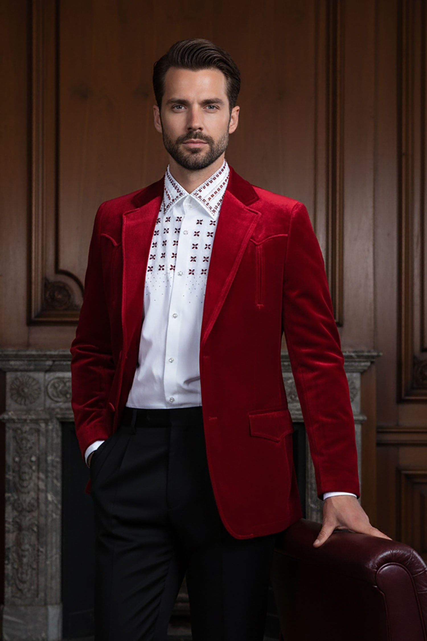 Barabas Men's Velvet Shiny Design Notch Lapel Blazer 5BL13 Red