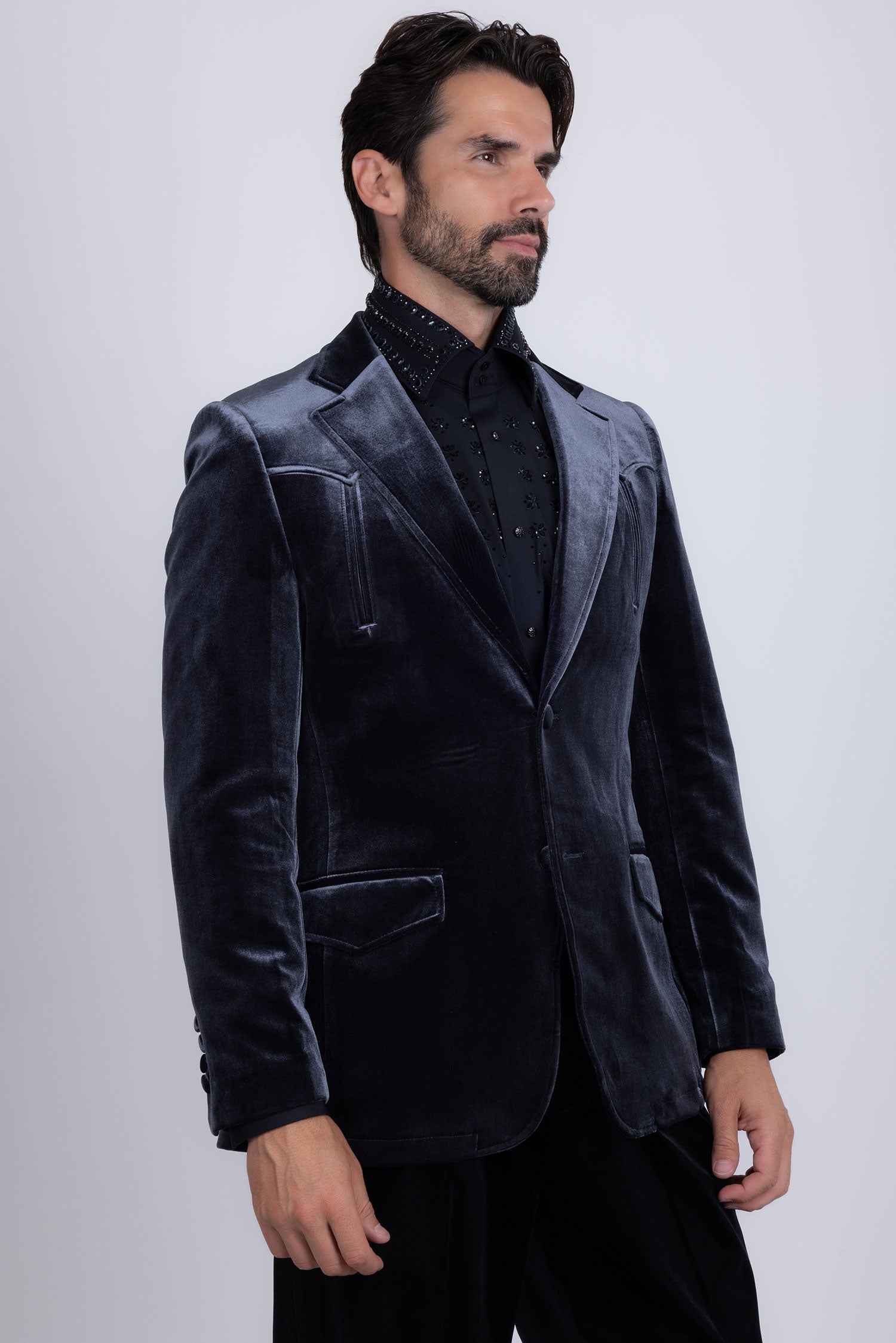 Barabas Men's Velvet Shiny Design Notch Lapel Blazer 5BL13 Charcoal